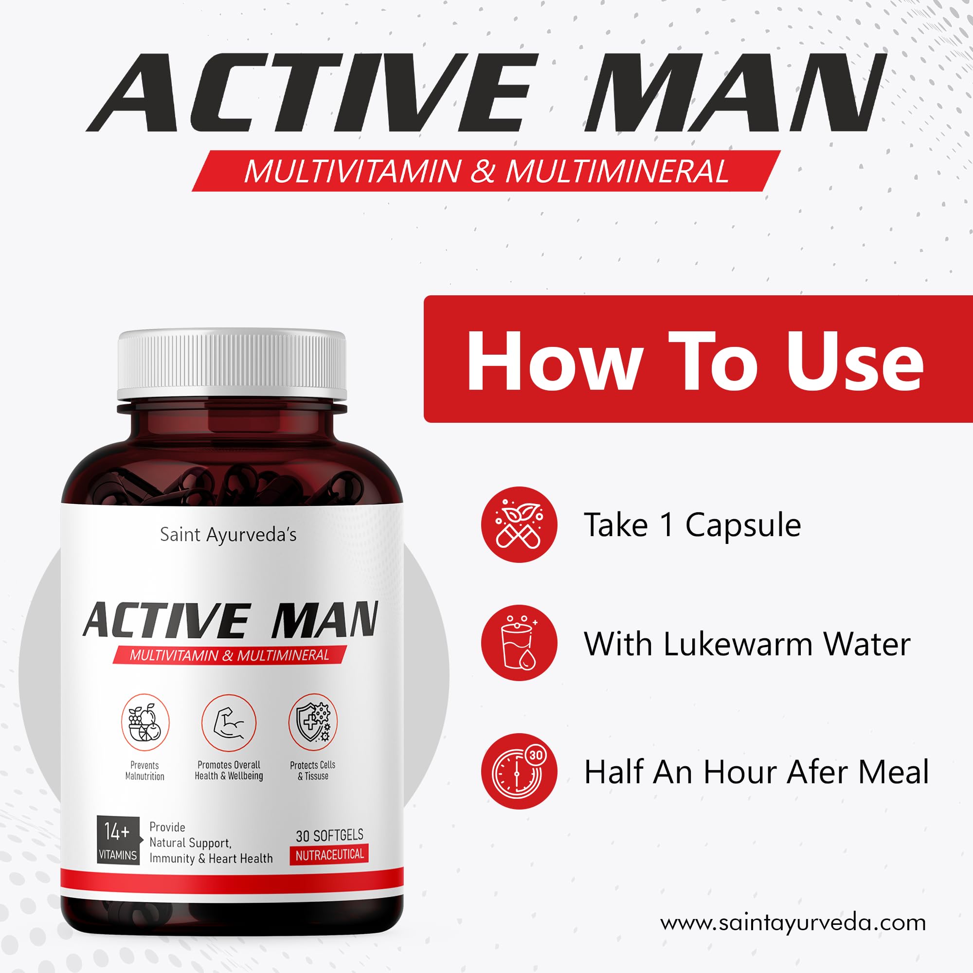 Saint Ayurveda Multivitamin | Active Man | 30 sofgels with Ginseng, Lycopene, Grape Seed Extract & Vitamin B1, B2, B6, B12, A & Folic Acid For Daily Energy, Immunity, Gut & Bone Health 4