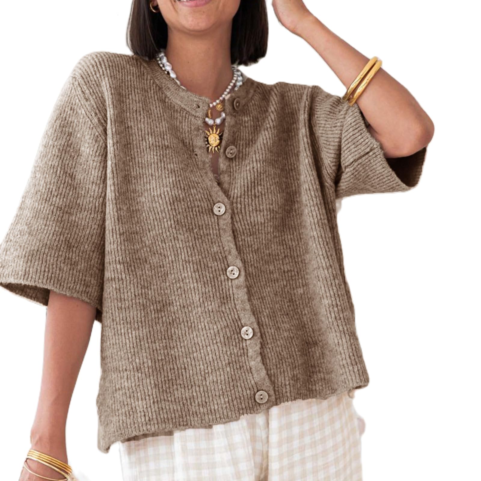 Women Lightweight Knitted Cropped Cardigan Shirt Short Sleeve Button Down Sweater Y2k Open Front Loose Ribbed Shirt