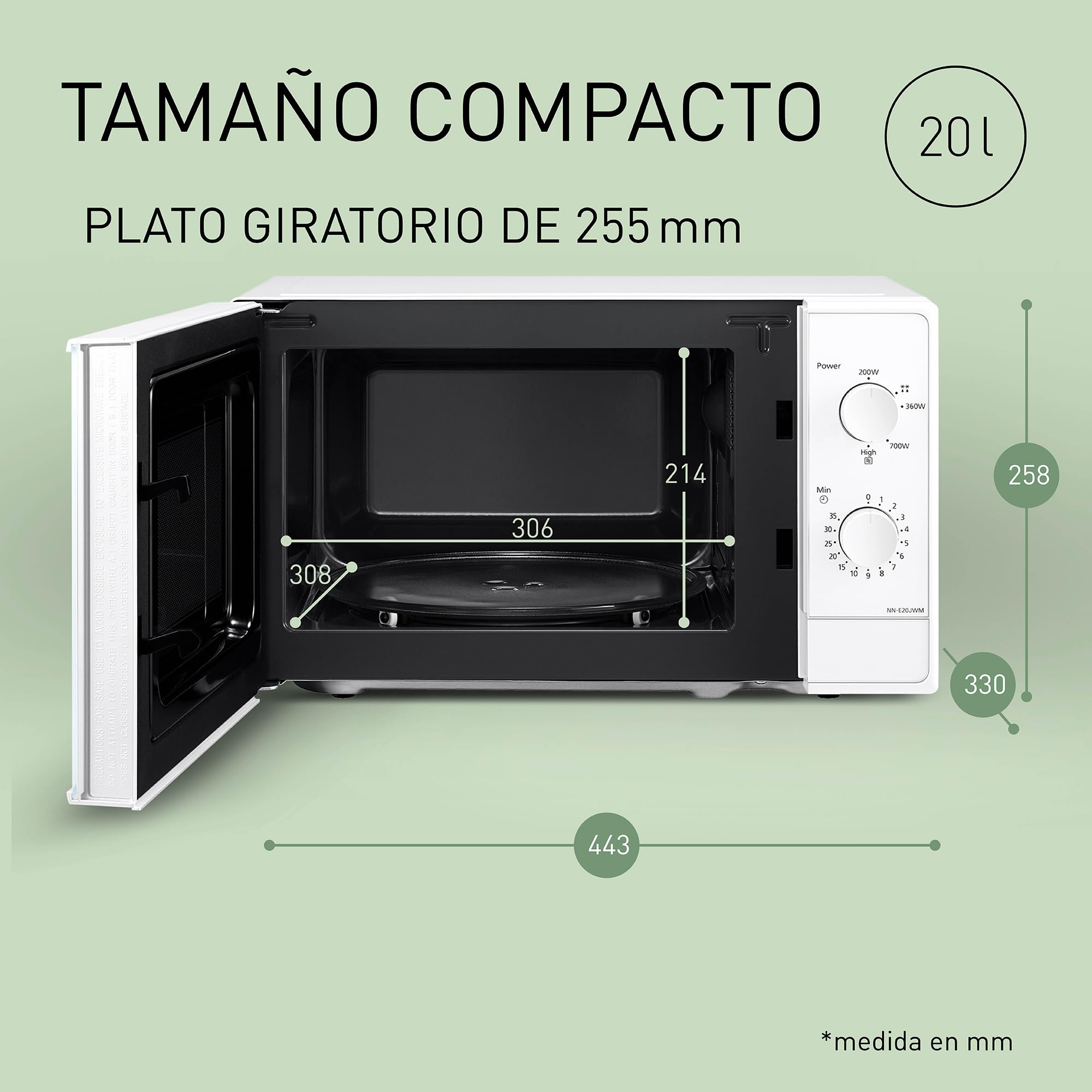 Panasonic NN-E20JWMEBG Horno microondas con Plato Giratorio de Cristal, 20 L, 800 W, Descongelación, 5 Niveles De Potencia, Temporizador, Blanco