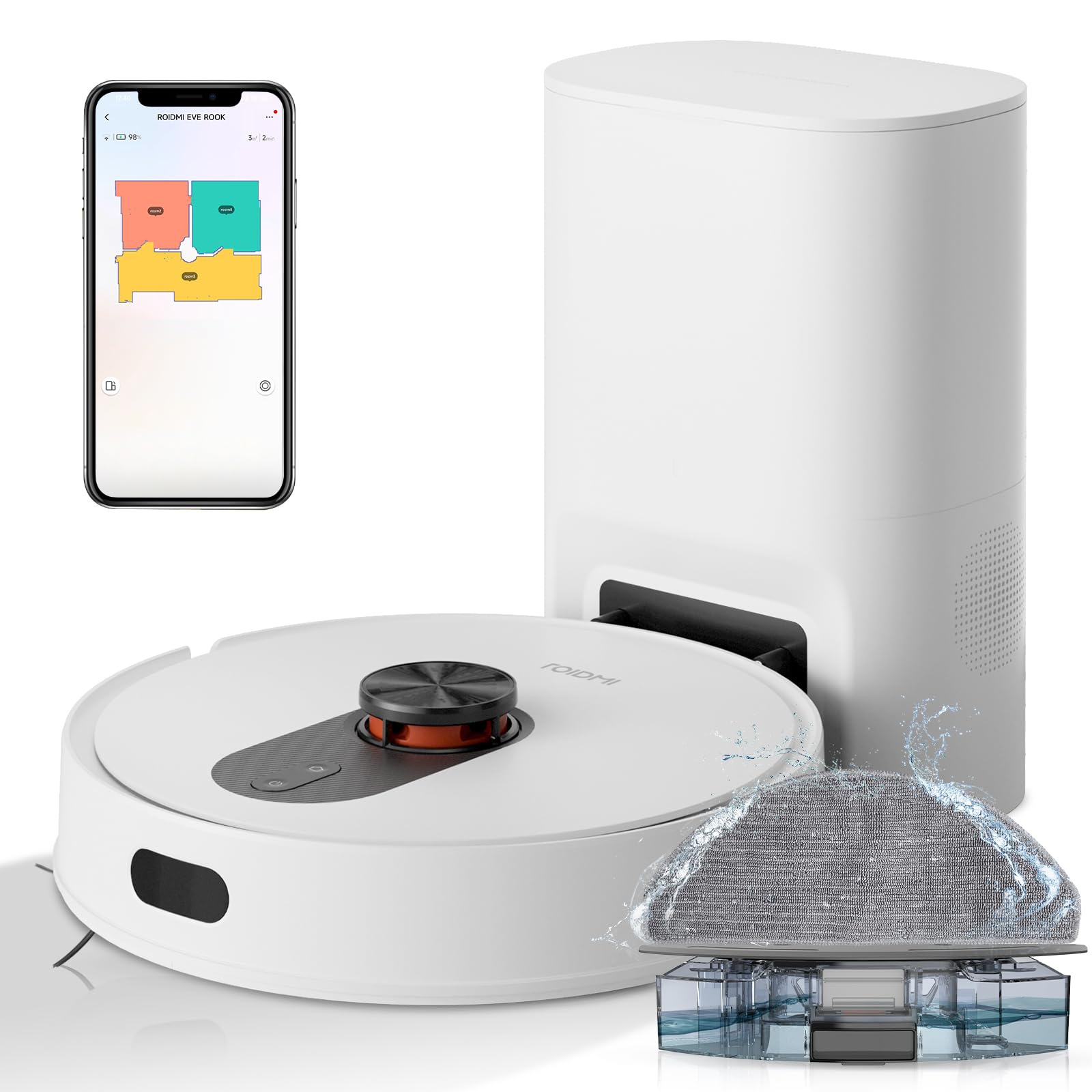 ROIDMI Eve Rook Robot Vacuum Cleaner and Floor Mop Self-Emptying with Base, 5000Pa Suction Power, Laser LiDAR Navigation with White Mapping Vacuum Cleaner Ideal for Pet Hairs, Carpets and Floors