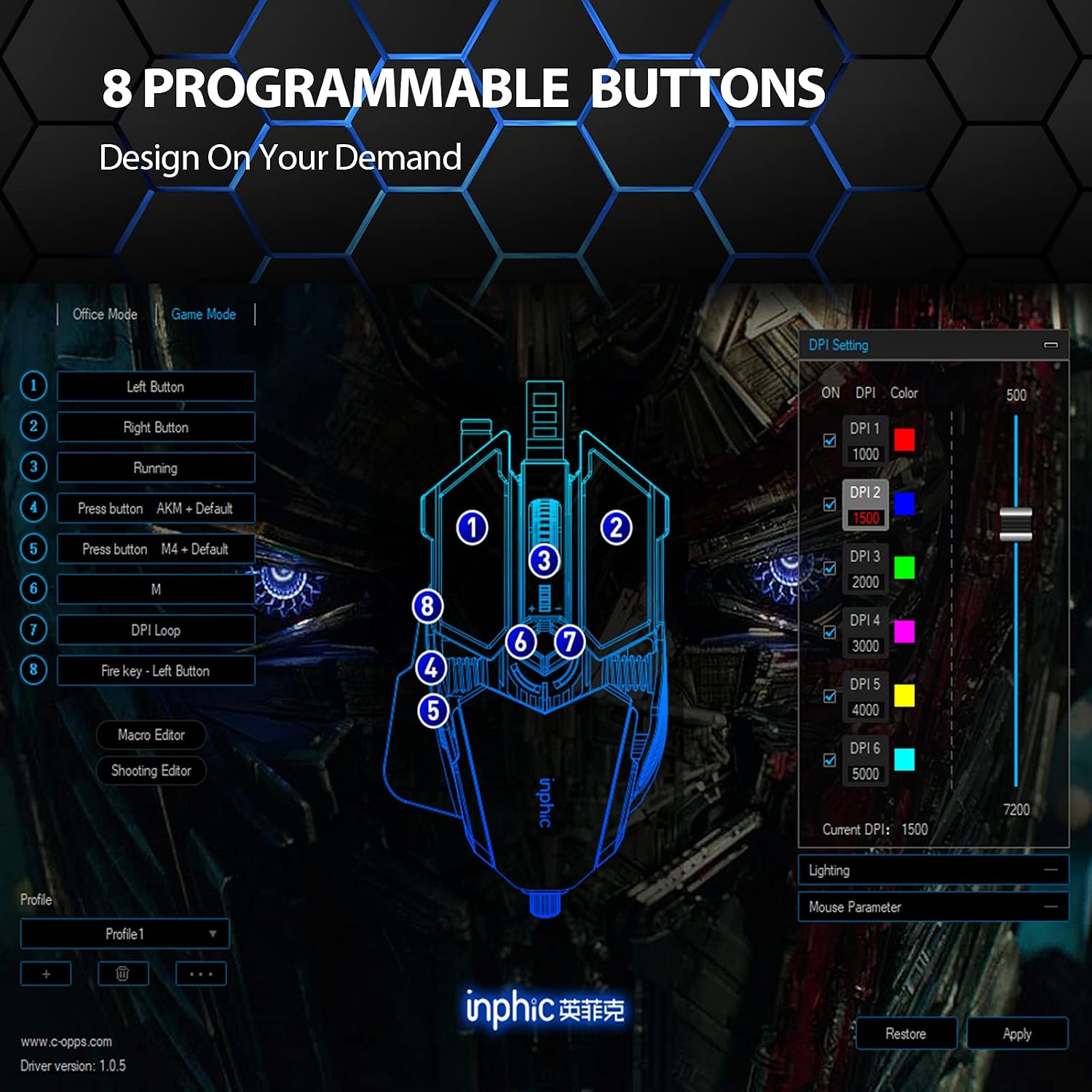 INPHIC Mechanical Gaming Mouse, High Performance Wired Mouse 7200 DPI, 7 Programmable Buttons & Adjustable Mouse Length, On-Board Memory, Metal Mouse Backlit for Office or FPS Gamer