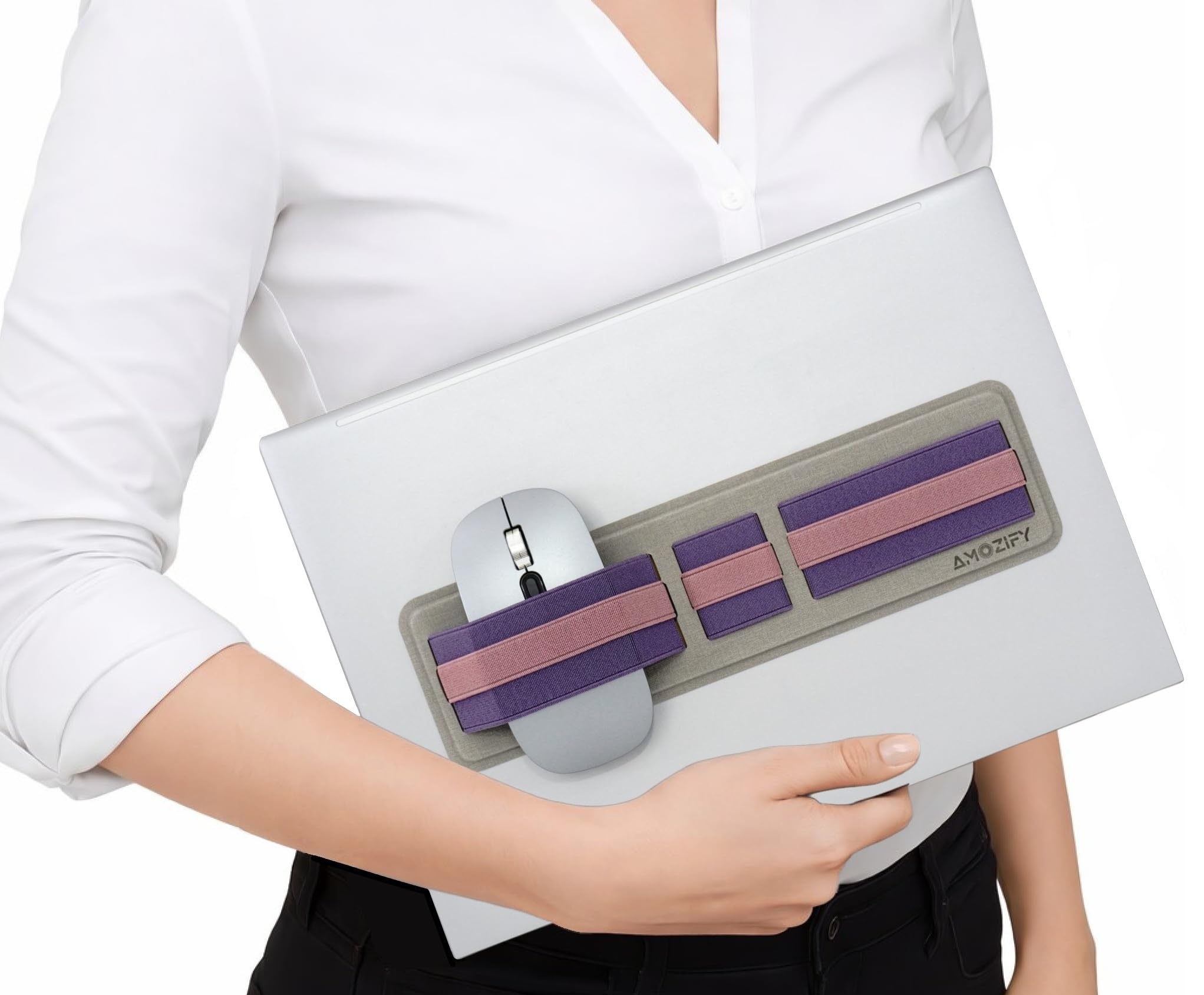 AMOZIFY® Space-Efficient Anti-Slip Organizer, Mouse Holder for Laptop Stick On, 3-Slot Band Laptop Pocket Adhesive | Hard Drive Holder (Purple-Pink)