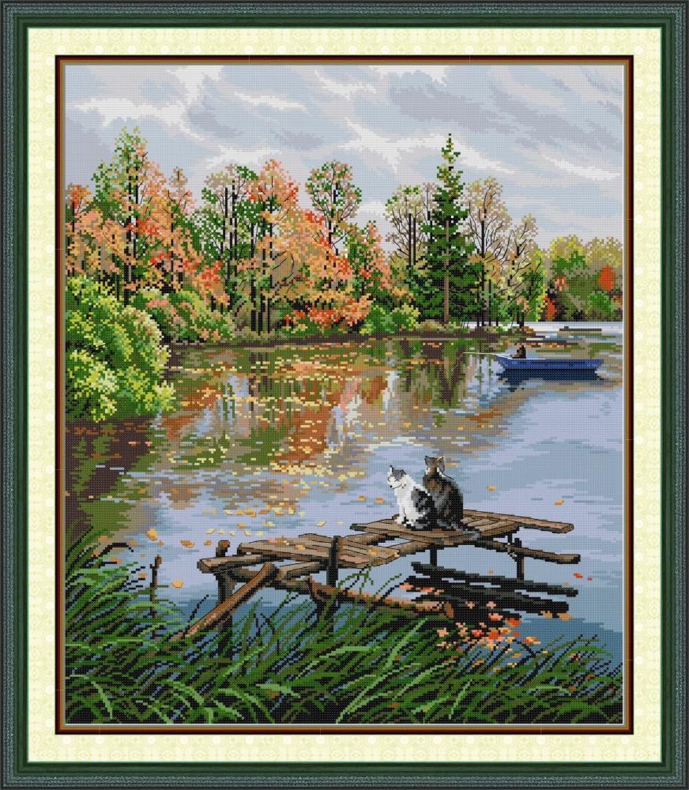 Meecaa Landscape Cross Stitch Kits 14 Count Stamped, Cat Lake Animal Embroidery Kit With Accessories Pre Printed（51×59Cm (Landscape)
