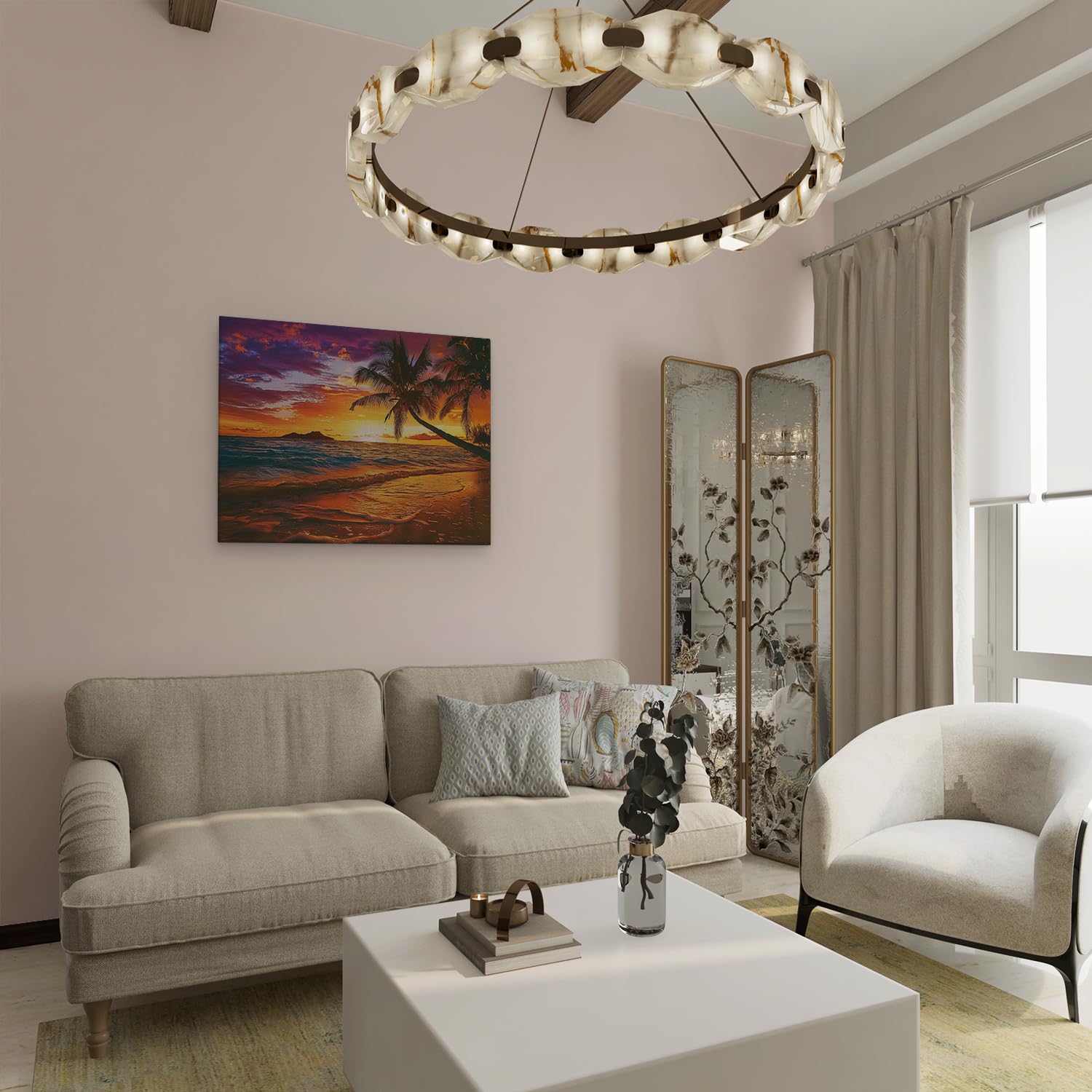 Artaza Leinwand Bilder Sonnenuntergang Strand - 80x60 cm - Wanddeko Meer - Wandbilder Palme Karibik - Deko Wohnzimmer