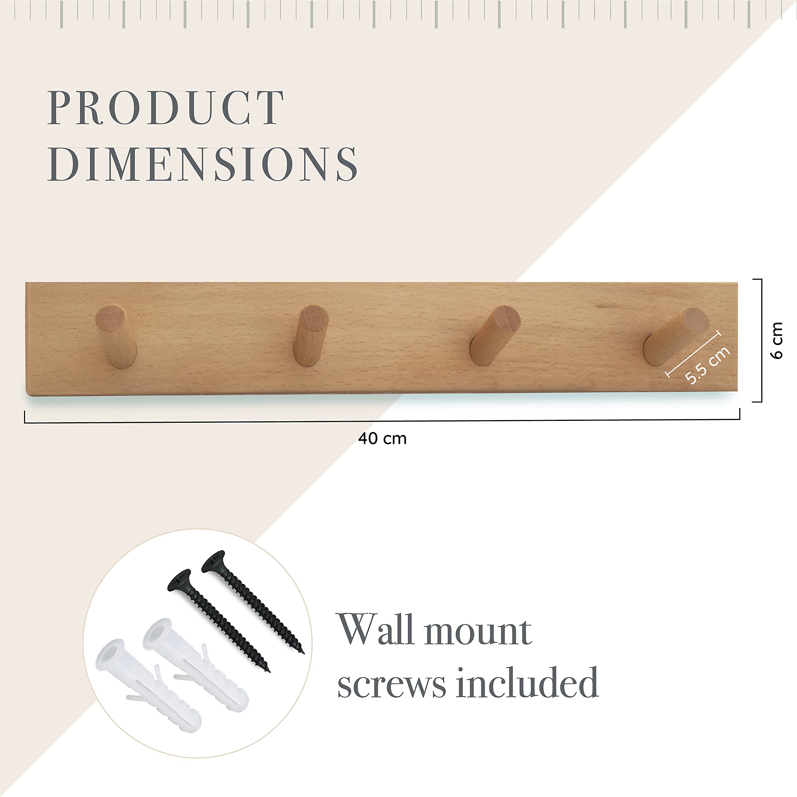 Appendiabiti da Parete Legno Naturale 4 Ganci - Attaccapanni da Muro Moderno - Appendiabiti Ingresso Bagno Camera Bambini