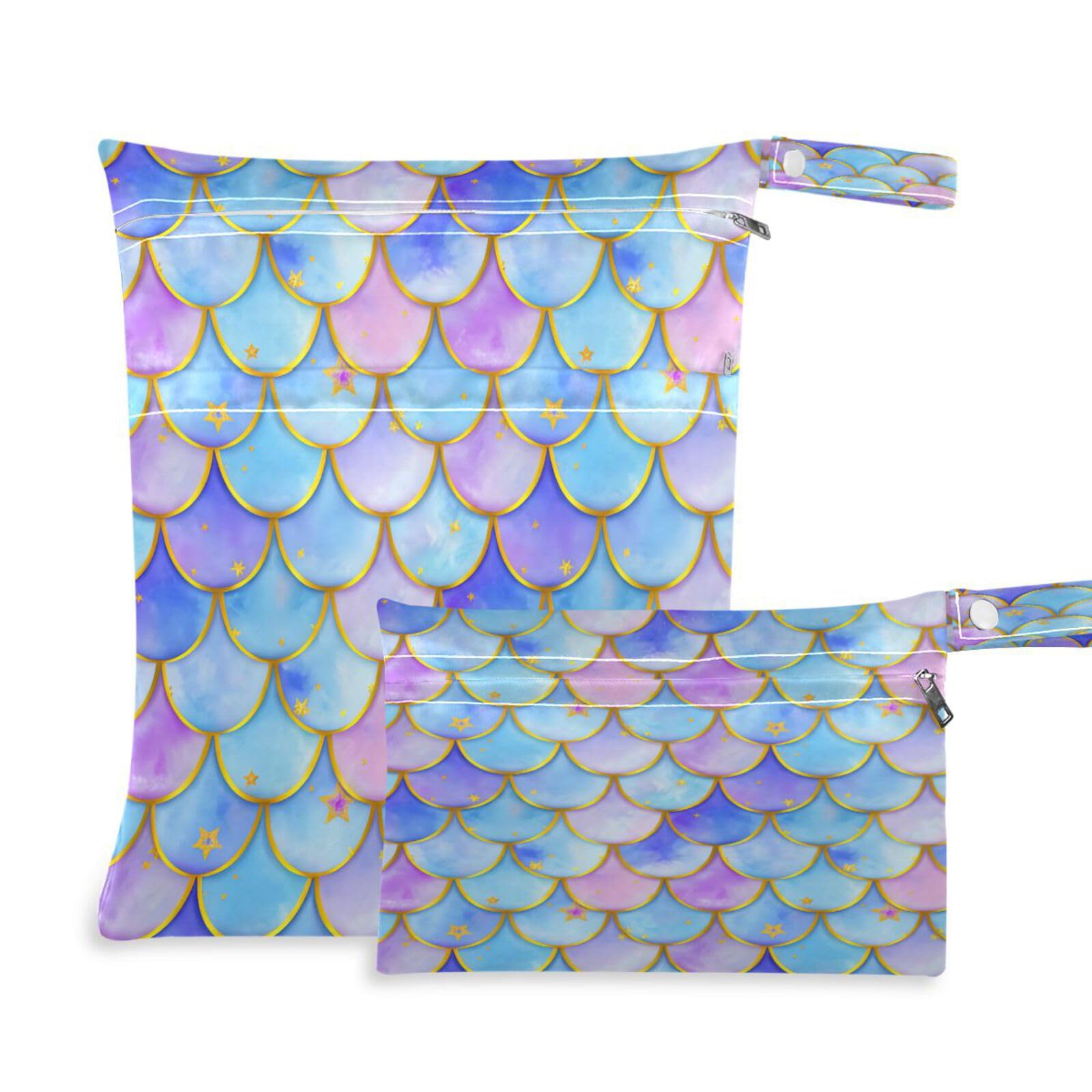 BOESI 2 Piece Wet and Dry Storage Bag, Travel Wet and Dry Bag, Waterproof Reusable, For Travel, Beach, Pool, Diapers, Toiletries, Graffiti Scales and Stars