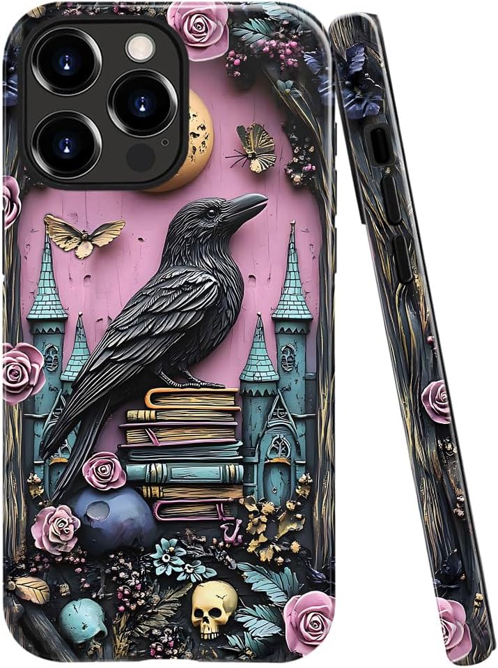 Case Compatible with iPhone 15 Pro Max,Fall Prevention Bright Hybrid 2-Layer Hard Shell Phone Case for Girls Boys,Skull Bookshelf Floral Butterfly