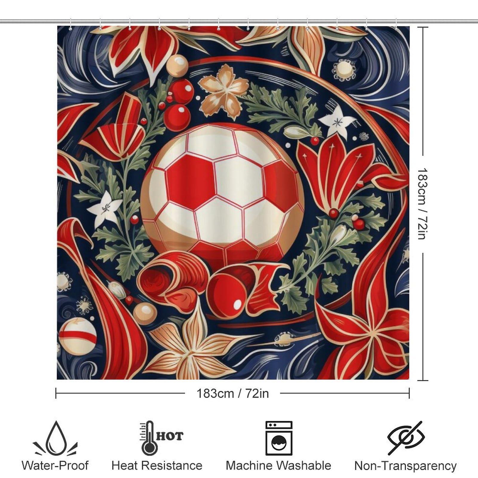 HighonHi 4 Piece Bathroom Shower Curtain Sets Rug Toilet Lid Cover and Non-Slip U Shape Mat Christmas Football Soccer Ball Waterproof Personality Pattern Bath Curtain Sport Soccer Ball Chic Football