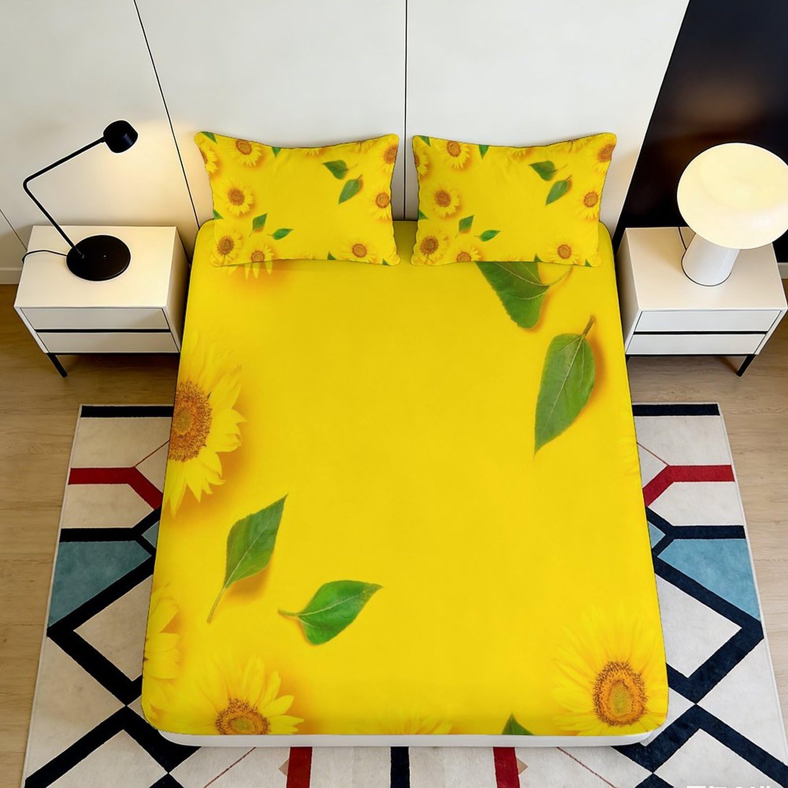 3D Printed Sunflower Bloom Fitted Sheet Microfiber Soft Yellow Leaf Bed Sheet for Bedroom Guest Room Mattress Decor 90x200x25cm