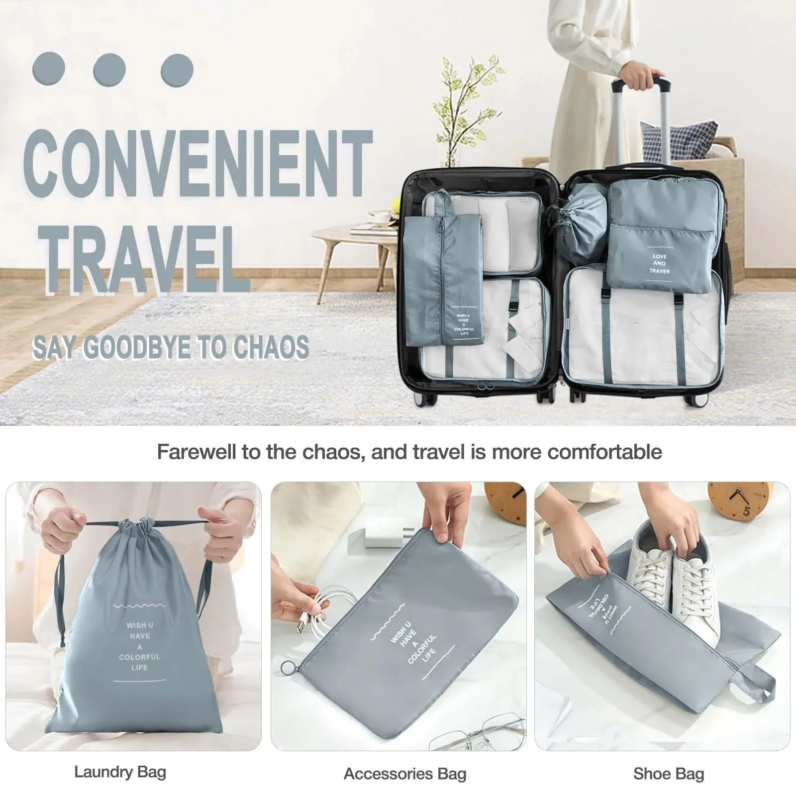 Bolsas viaje organizador Juego de organizador viaje 7 Uds., bolsas almacenamiento plegables, maleta con forma cubo for guardarropa, equipaje for ropa y zapatos(Pink)