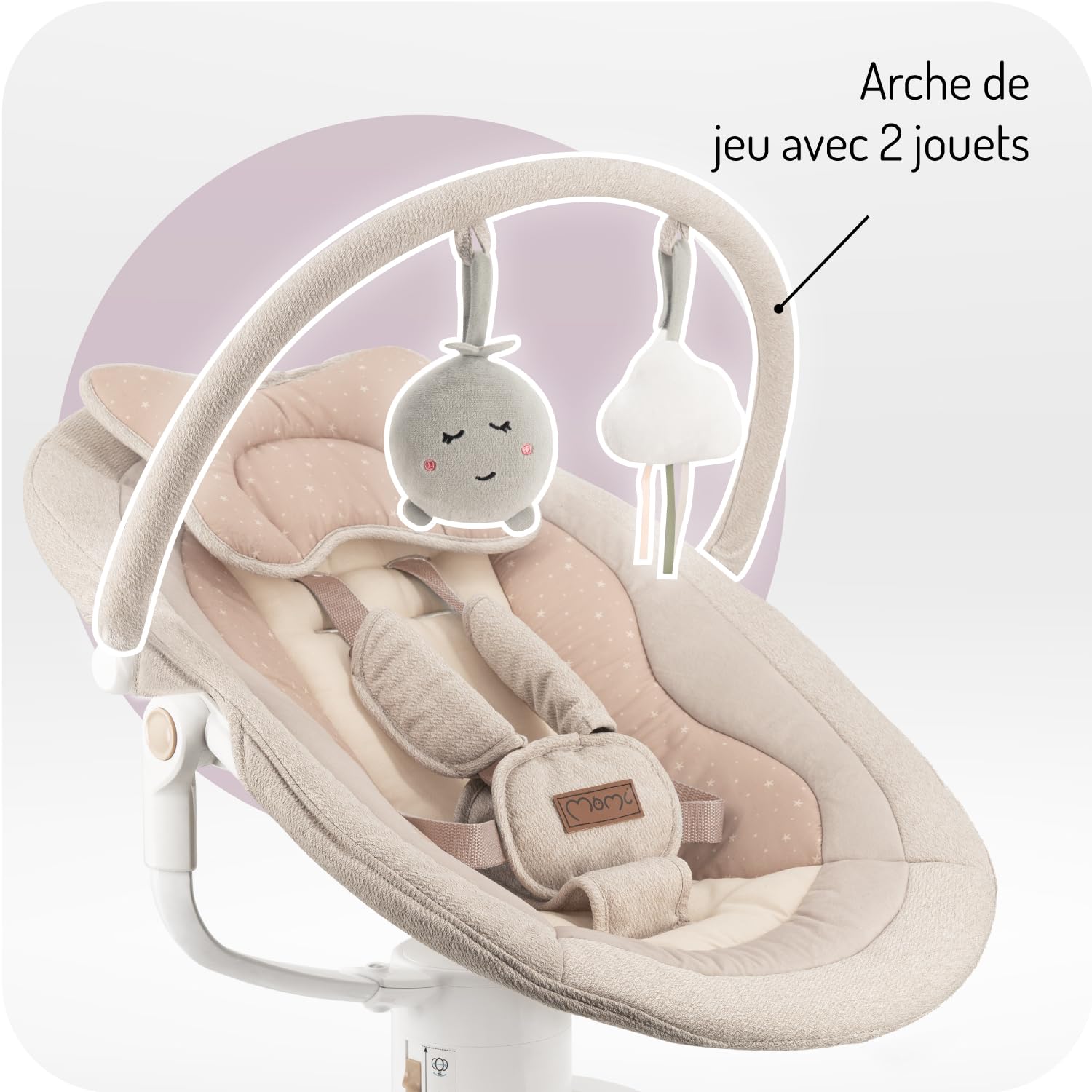 Balancelle MoMi Pearl 9 kg, siège 360°, LED, Bluetooth, télécommande, piles ou secteur, câble USB, harnais 5 points, arche avec jouets