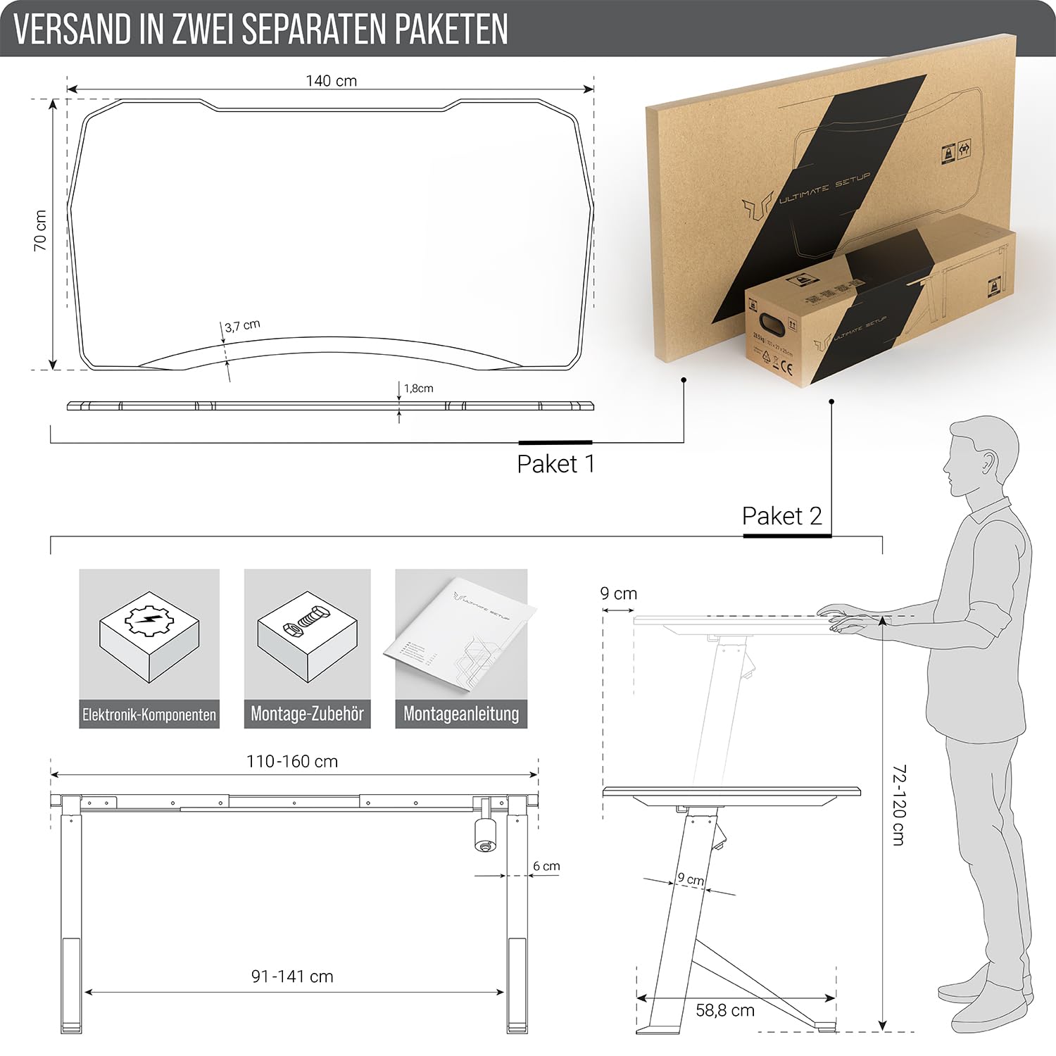 Schreibtisch höhenverstellbar 140x70 elektrisch Weiß | Gaming Tisch | Massive Standstabilität · 4-Höhen speicherbar · Massive MDF-Platte · Elektrisch stufenlos verstellbar