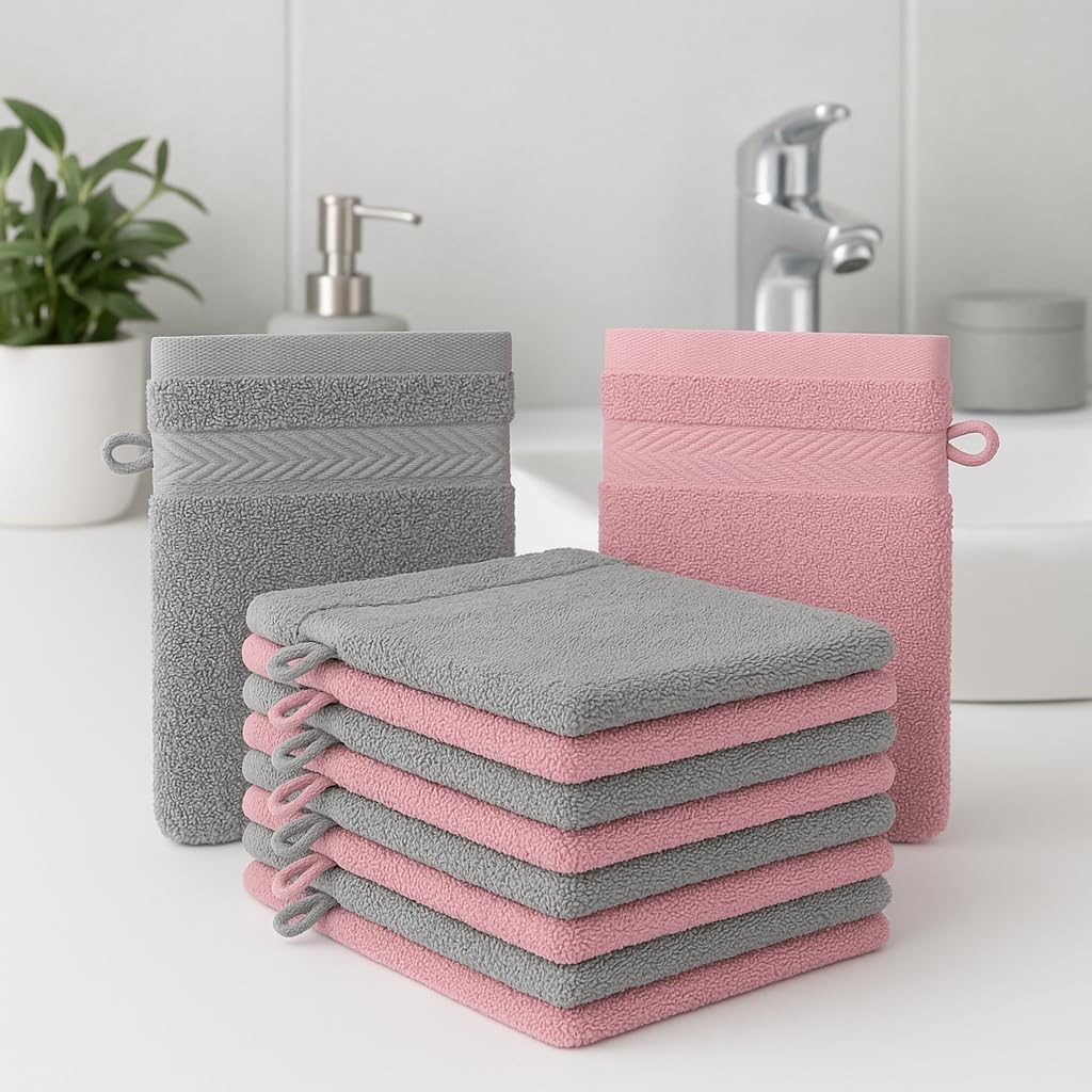 Betz Guanti da Bagno Premium 10 Pezzi - Guanti in Spugna per detersione Delicata del Viso - in 100% Cotone - Guanto da Bagno per Bambini Rosa Antico e Bianco