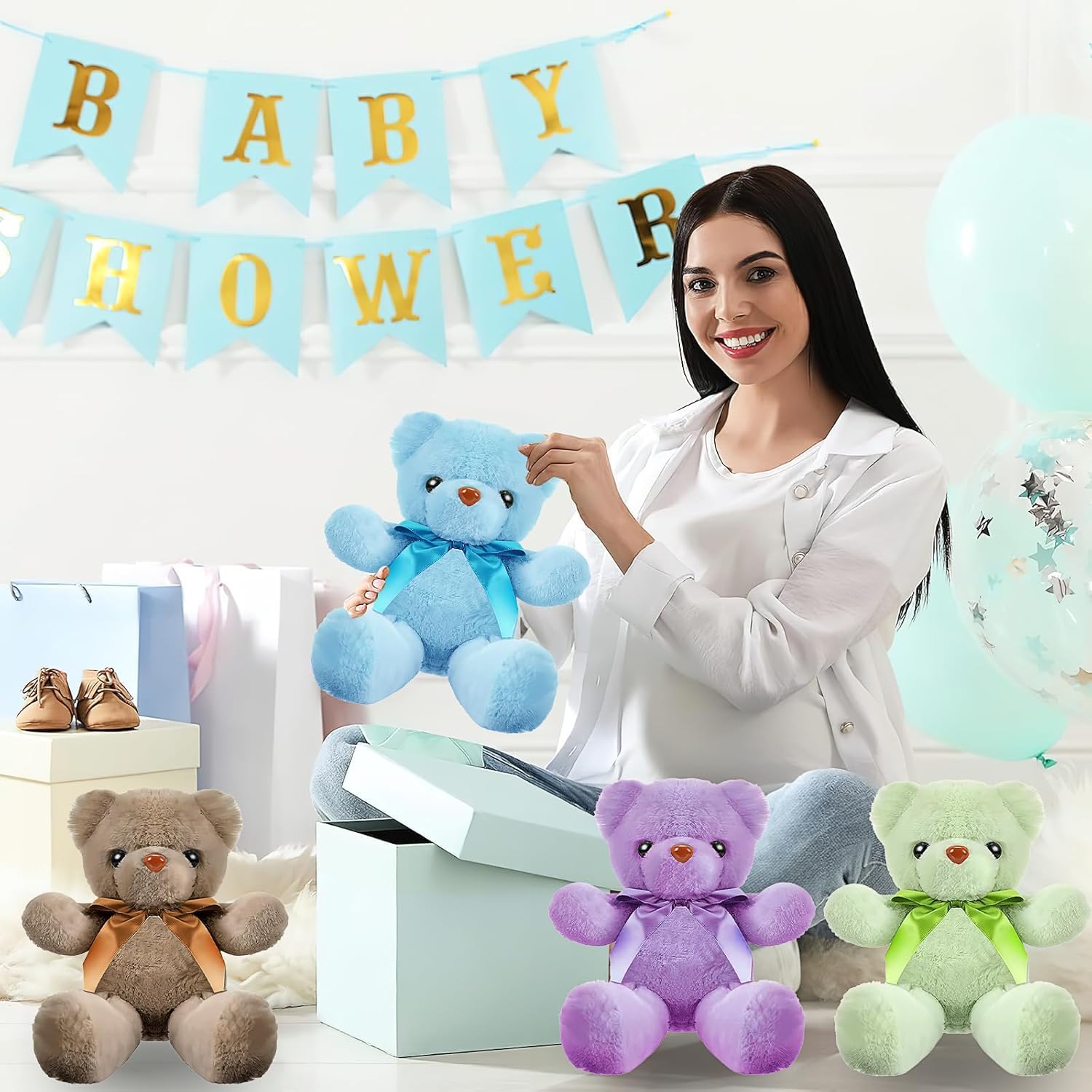 Oso de peluche pequeño de 30 cm, 16 unidades, oso de peluche con pajarita, regalo de San Valentín, regalo de cumpleaños, baby shower (10 colores)