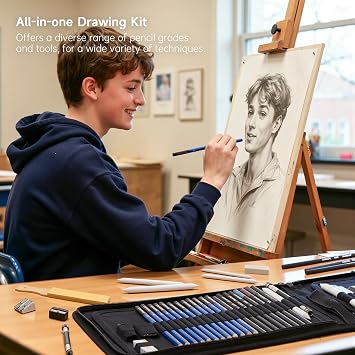 Shuttle Art 52 Pack Drawing Pencils Set, Professional Art Kit with Graphite Charcoal Sticks, Drawing Pad in Portable Case, Ideal for Kids and Adults Artists