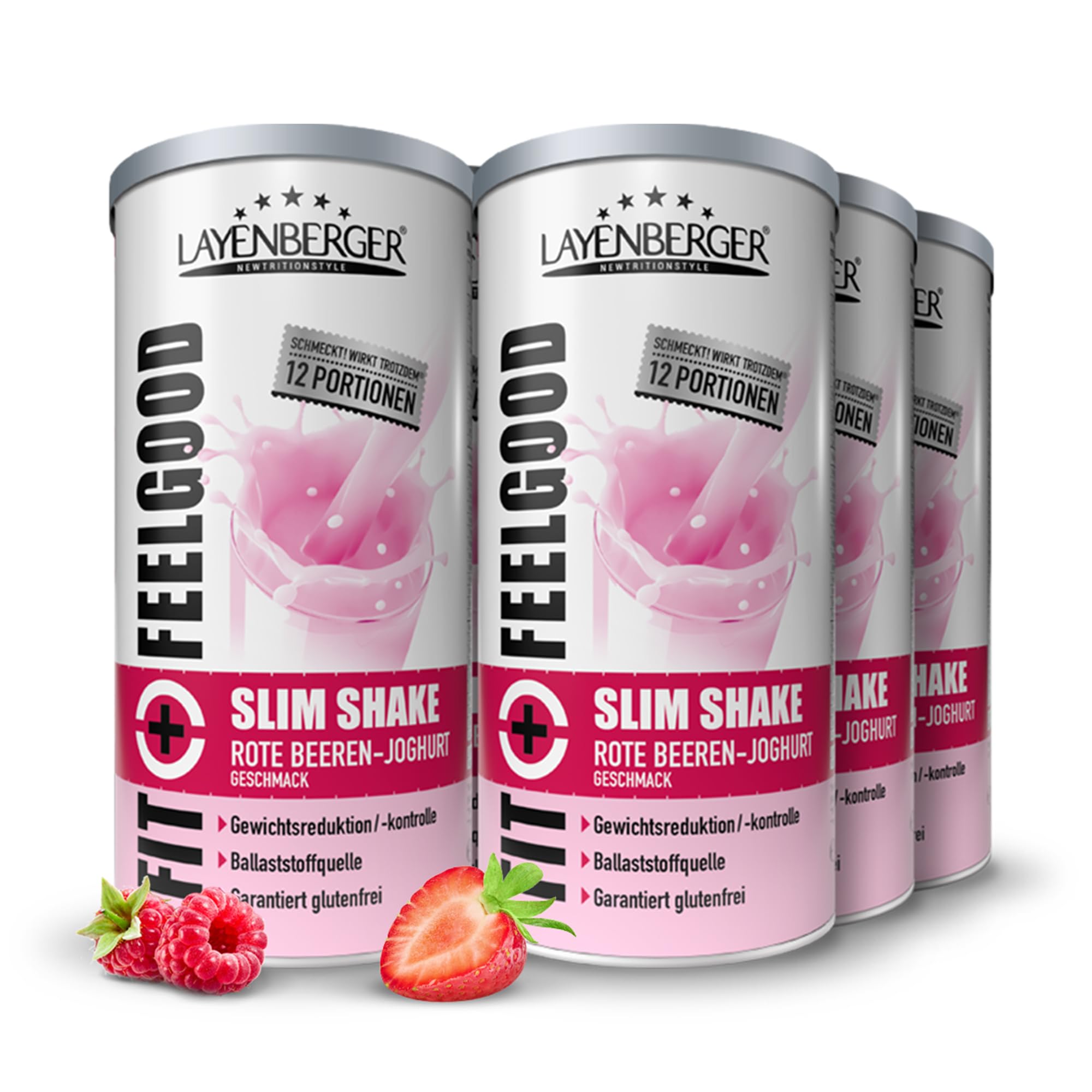 Layenberger Fit+Feelgood Slim Shake Powder, Mahlzeitersatz für 72 Portionen mit je 213 kcal (6x 396 g) - Rote Beeren-Joghurt