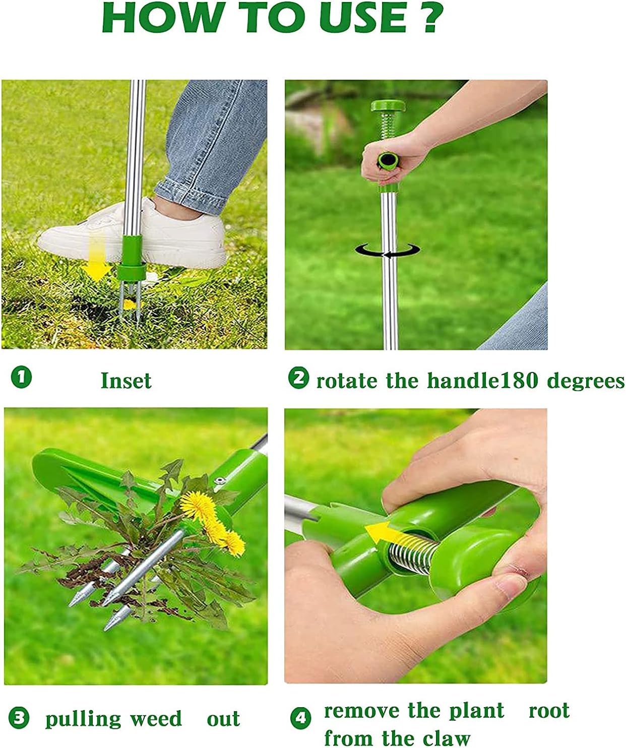 Stand Up Weed Puller with 3 Stainless Steel Claws,39 inch Long Handle Garden Hand Weeding Tool, Plant Root Remover Steel Twist Hand Weed Root Pulling Tool for Dandelion(Green) : Patio, Lawn & Garden