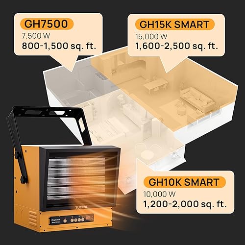 Miniatura 6 de TURBRO Calentador eléctrico de garaje de 15,000 W, cable duro de 240 V, habilitado para WiFi, calentador de taller forzado con ventilador con