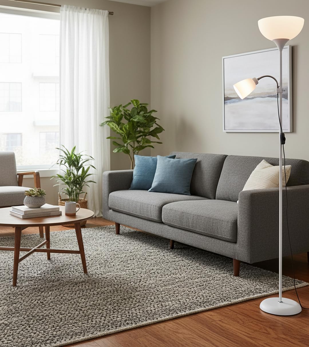 BEL AIR HOME | Lámpara de pie VARESE | 178CM, blanco, aluminio | Brazo lector orientable, doble portalámparas E27 y E14, interruptor deslizante | Iluminación salón moderna y funcional