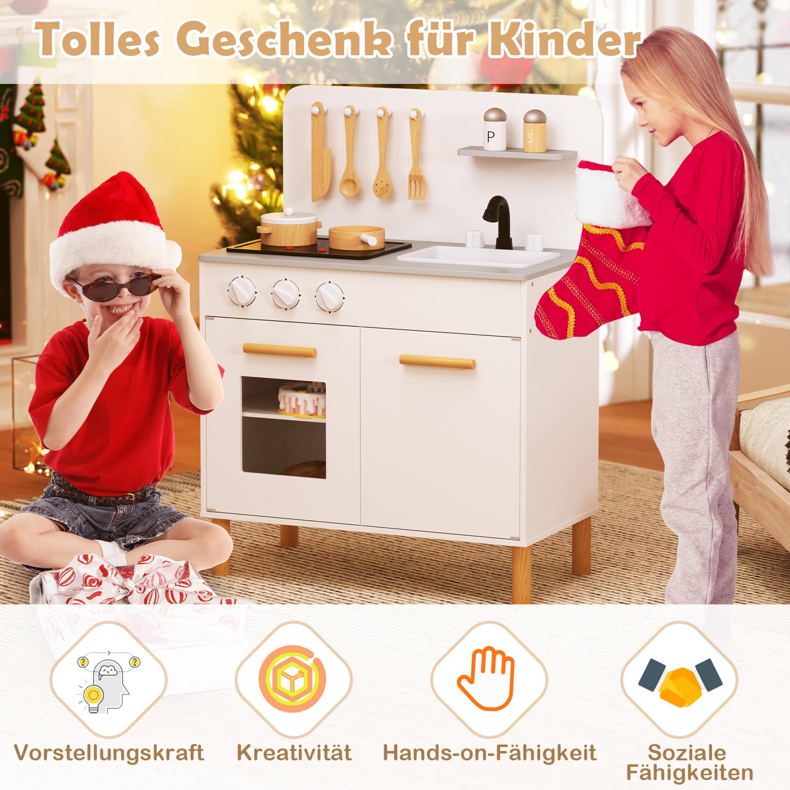 COSTWAY Kinderküche mit 10 Zubehör, Spielküche Holz mit Licht und Sound, Spielzeugküche mit Herd & Spüle & Backofen, Holzküche für Kinder ab 2 Jahren (Weiß)
