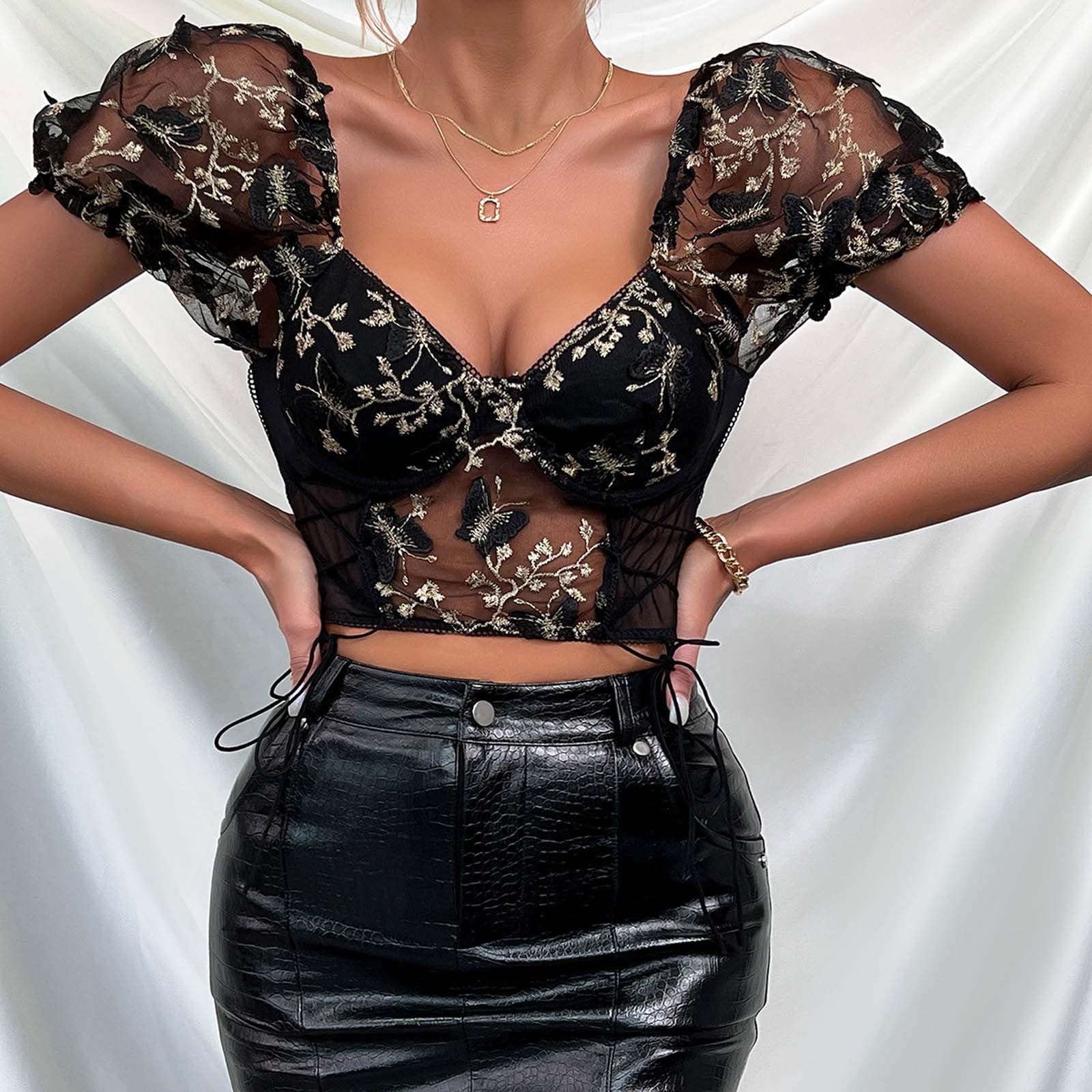 Camicetta tradizionale da donna con chiusura alta, a maniche lunghe, elegante, con inserto in pizzo, corsetto elegante, maniche svasate, top corto con camicetta in pizzo per