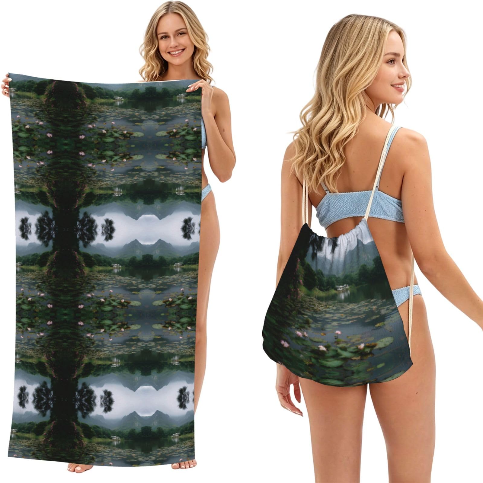 EZDLOWVBA Gaoshan Lake Print Beach Towel Backpack 2 In 1 Summer Large Lightweight Beach Towel - Multifunctional Ship Pattern Towel Bag For Storage,Sport
