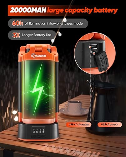 Miniatura 3 de Saker Luz de camping portátil con soporte de 73 pulgadas, 20000 mAh, luces de trabajo LED recargables 8003200 lúmenes, 40006500 K, luces de
