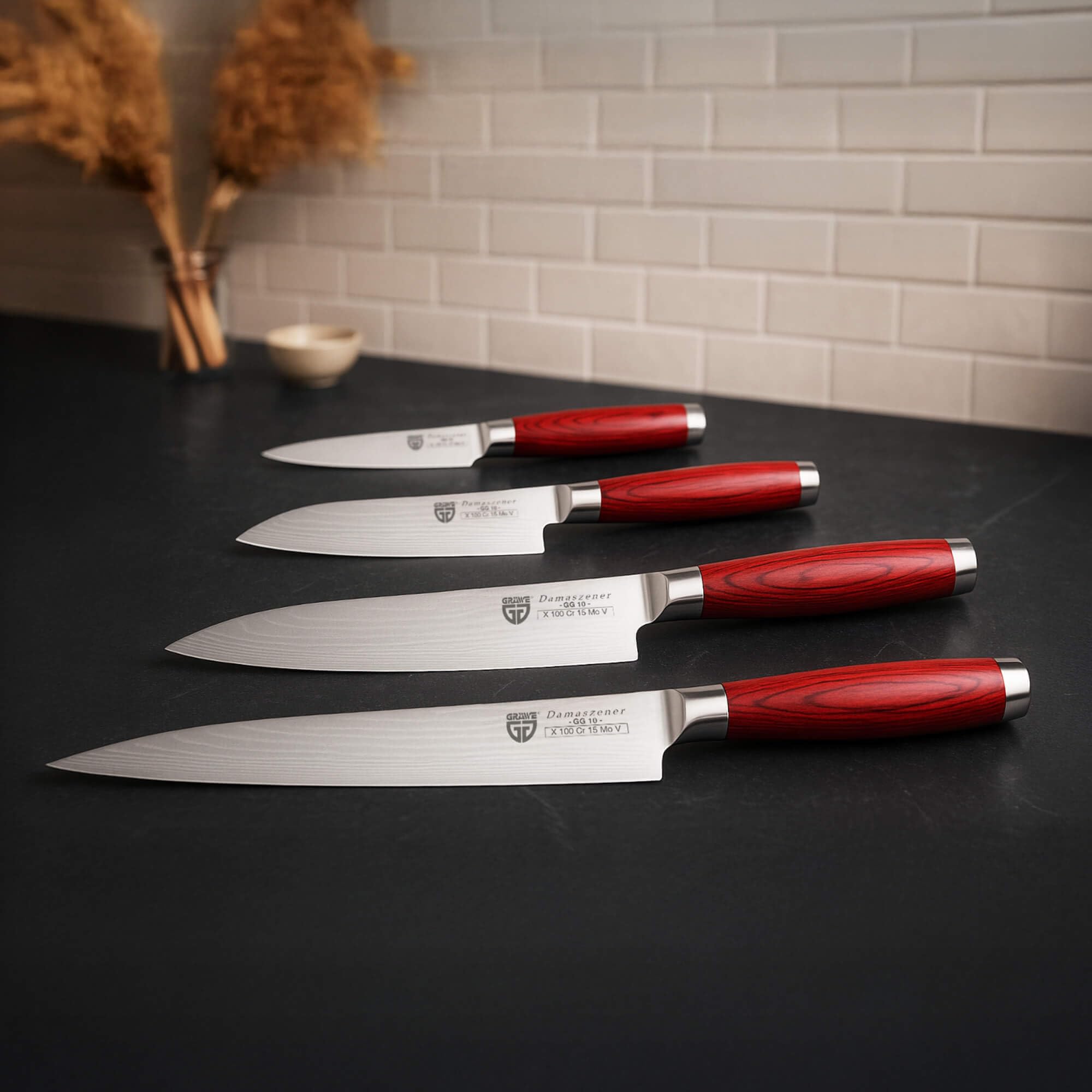 GRÄWE Juego de 4 cuchillos de Damasco Pakkawood, cuchillos de cocina profesionales: cuchillo multiusos Santoku, cuchillo de chef y fileteador, cuchillas afiladas, acero damasco de 66 capas, mango