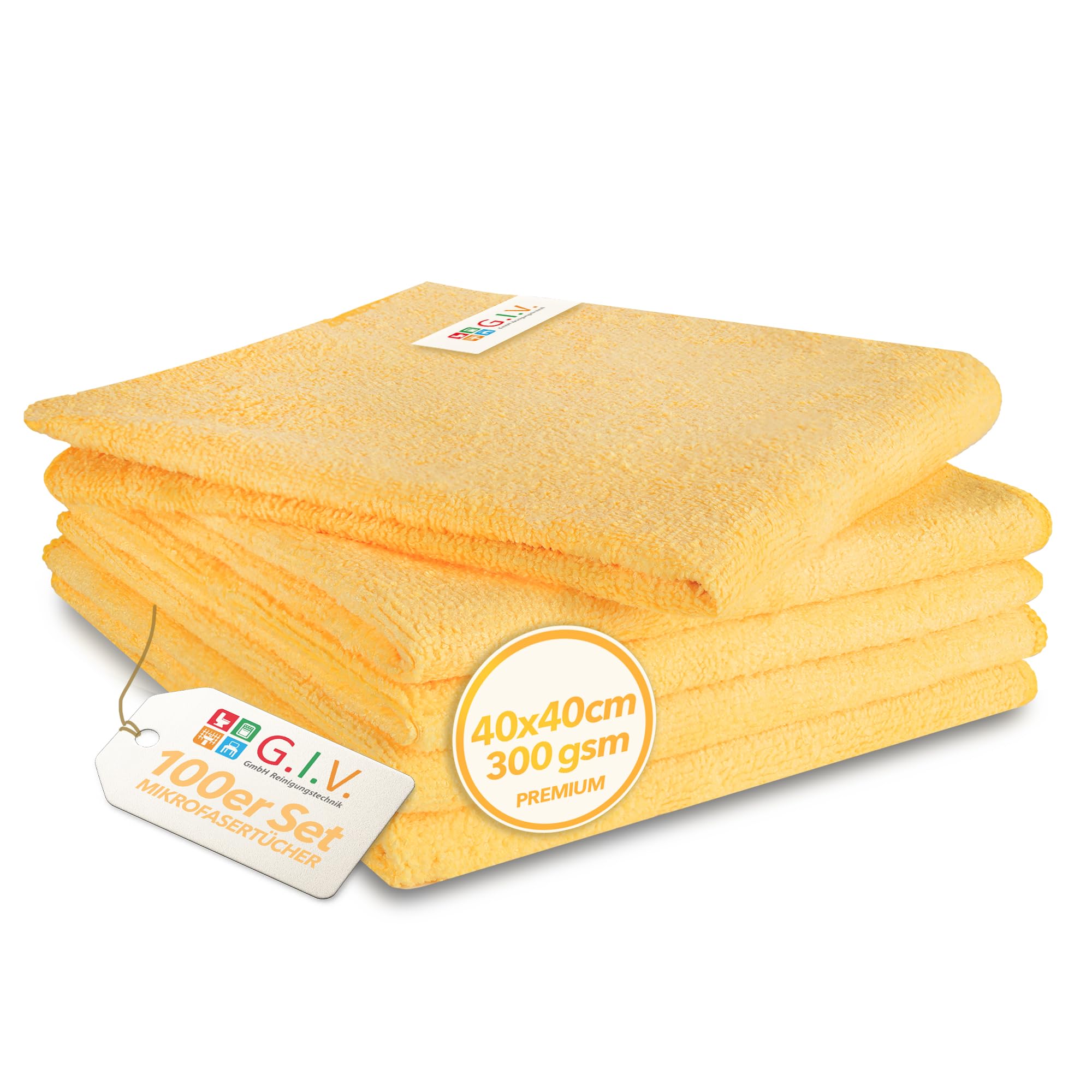 G.I.V. 100er Premium Microfasertücher Gelb 40x40cm 300gsm - Reinigungstücher hygienisch, fusselfrei & saugstark - gelbe Putztücher ideal für Waschbecken, Spiegel, Dusche & Bad - 4-Farb-System Lappen