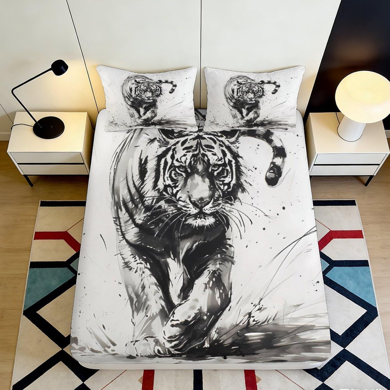 3D Printed Tiger Fitted Sheet Microfiber Deep Pocket Non-Slip Bedroom Bedding Tiger Mattress Fitted Cover for Adults Teens 200x200x25cm
