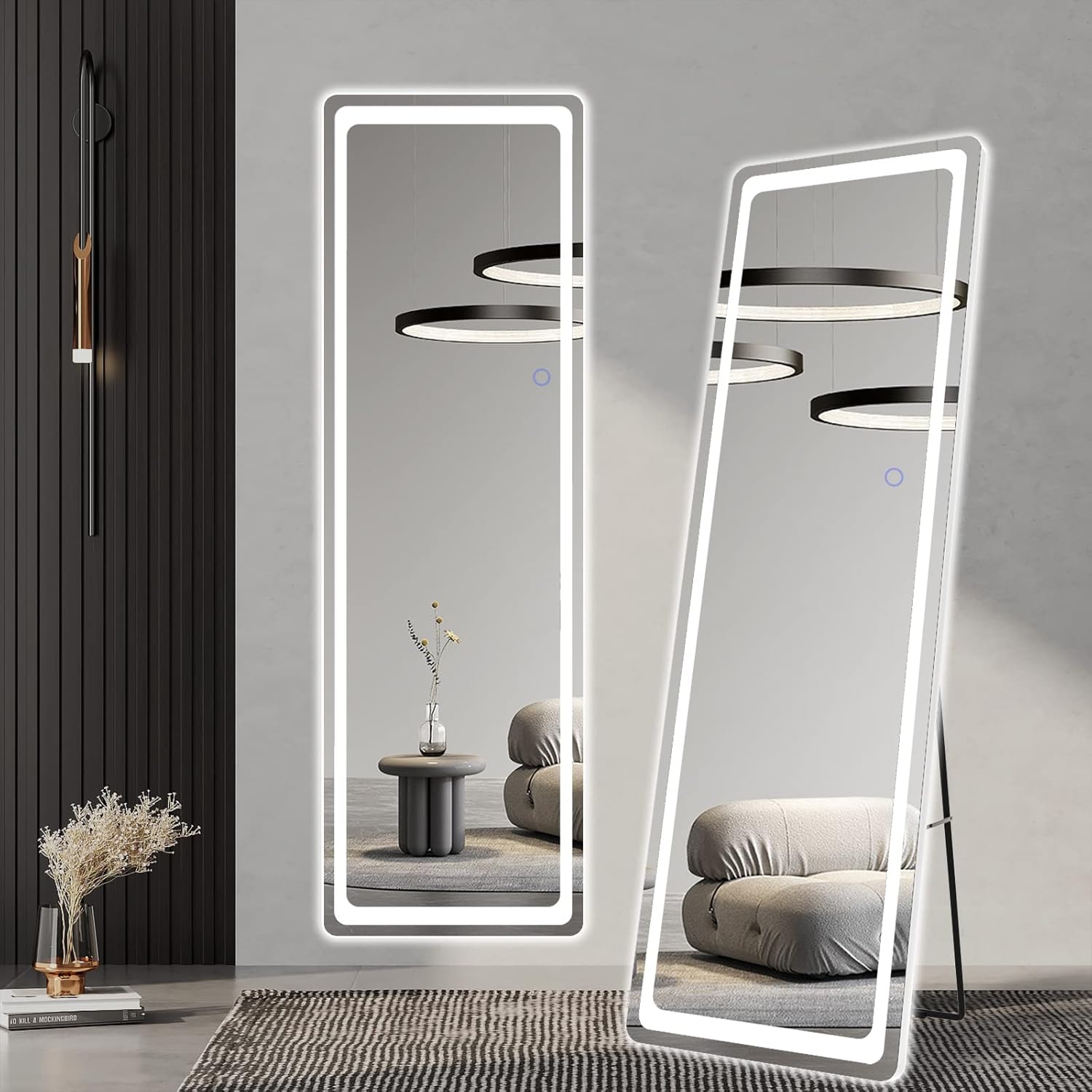 Wetech 63"x20" Full Length Mirror with Lights, LED Floor Mirror, Free Standing or Leaning Against Wall Mirror, Large Mirror for Bedroom, Full Body Mirror with Dimming & 3 Color Modes (White)