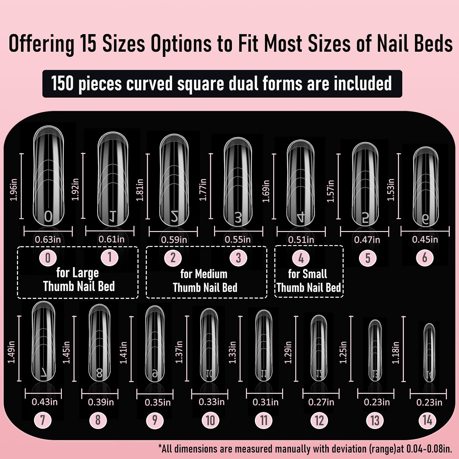 Curved Dual Forms for Polygel, Square Poly Gel Nails Forms for Nail Extension with Guide Lines Inside, Reusable Acrylic Nail Molds with French Guidelines for Builder Gel,15 Sizes 150Pcs