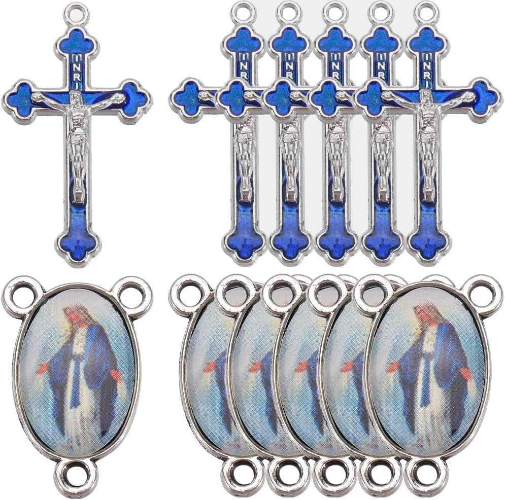 SUNNYCLUE 1 BOX 20Pcs Rosary Charms Cross Charms Bulk Crucifix Antique Silver Blue Enamel Oval Easter Tibetan Style Pendants for Jewelry Making DIY Crafting Necklace Bracelet Earring Beginners