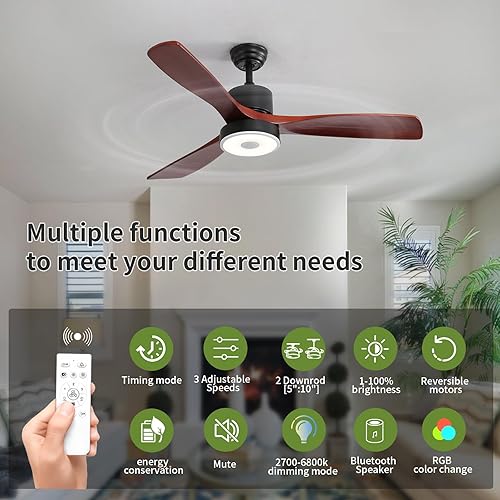 Miniatura 8 de ASALL Ventilador de techo inteligente de madera maciza de 52 pulgadas, con altavoz Bluetooth, con luz LED de atenuación RGB, con control remoto,