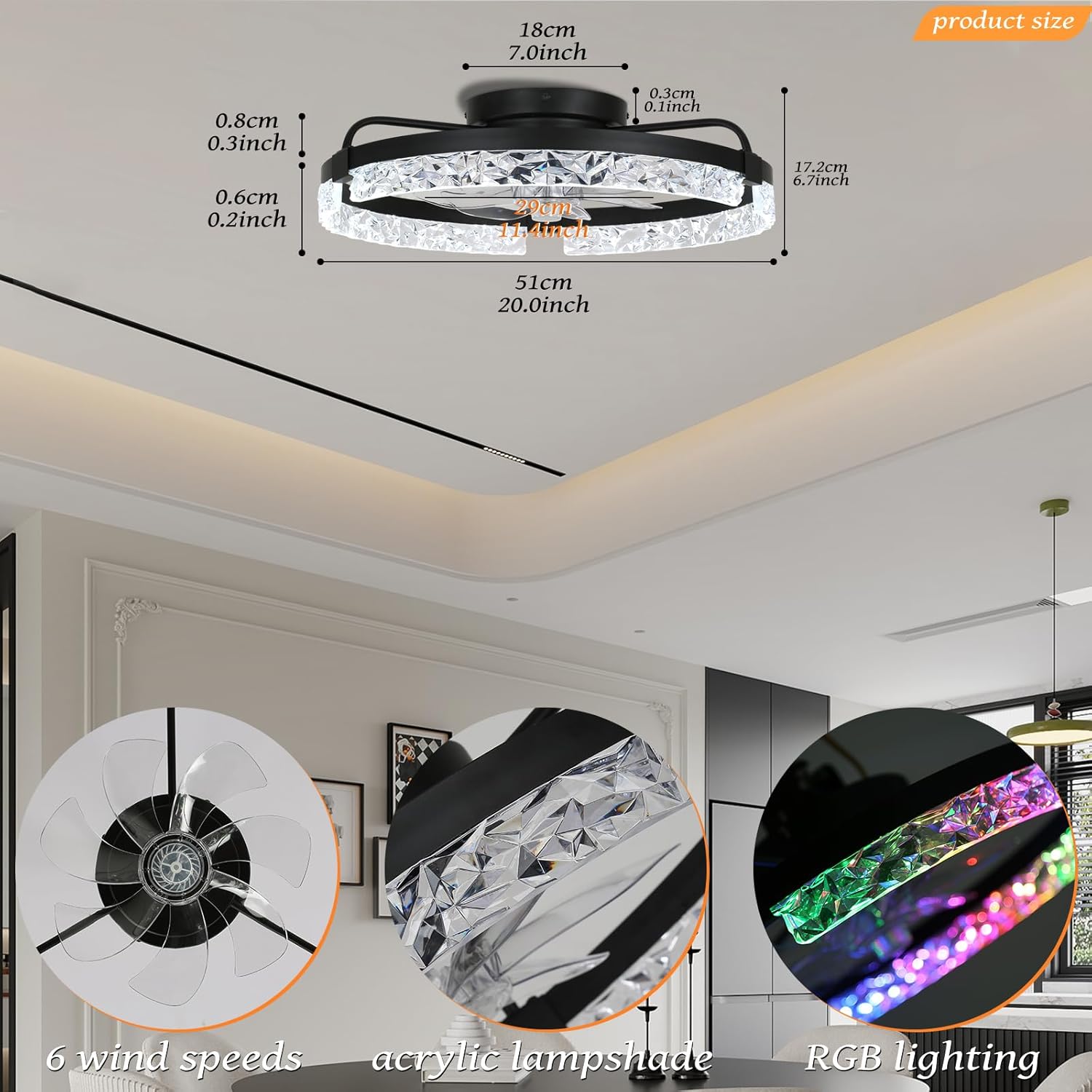 20" Black Flush Mount Bladeless Ceiling Fan with Light, Enclosed Low Profile Fan Light, Remote Dimmable 3CCT LED + RGB Ambient Light, Quiet Reversible DC Motor, 6 Speeds Timer, 60W Bedroom