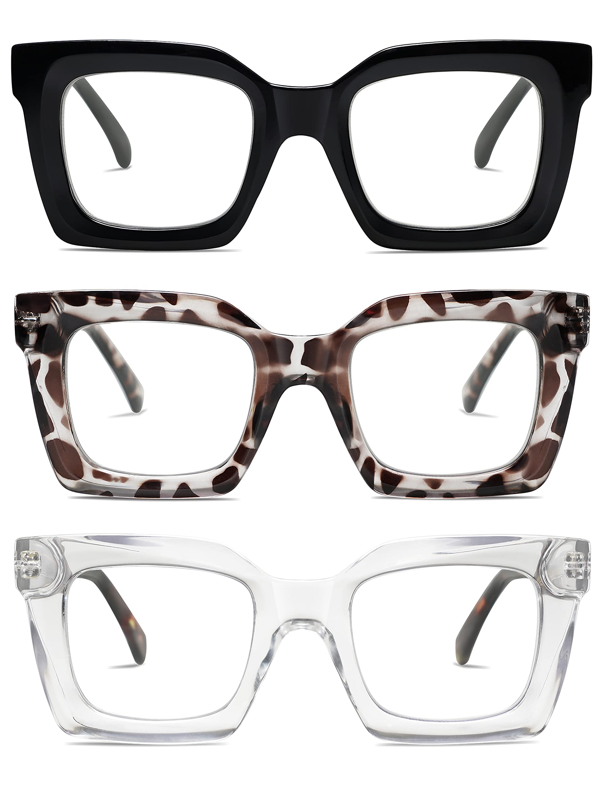 AMOMOMA AM6015 Lesebrille für Damen, 3 Stück, dick, quadratisch, Blaulichtblock, für Damen, Herren, Schwarz/Grau, Größe 1,00 x, Ac6.Black+c7.Grey, Ac6.Black+c7.Grey Tortoise+c8.Crystal/Tortoise Temple