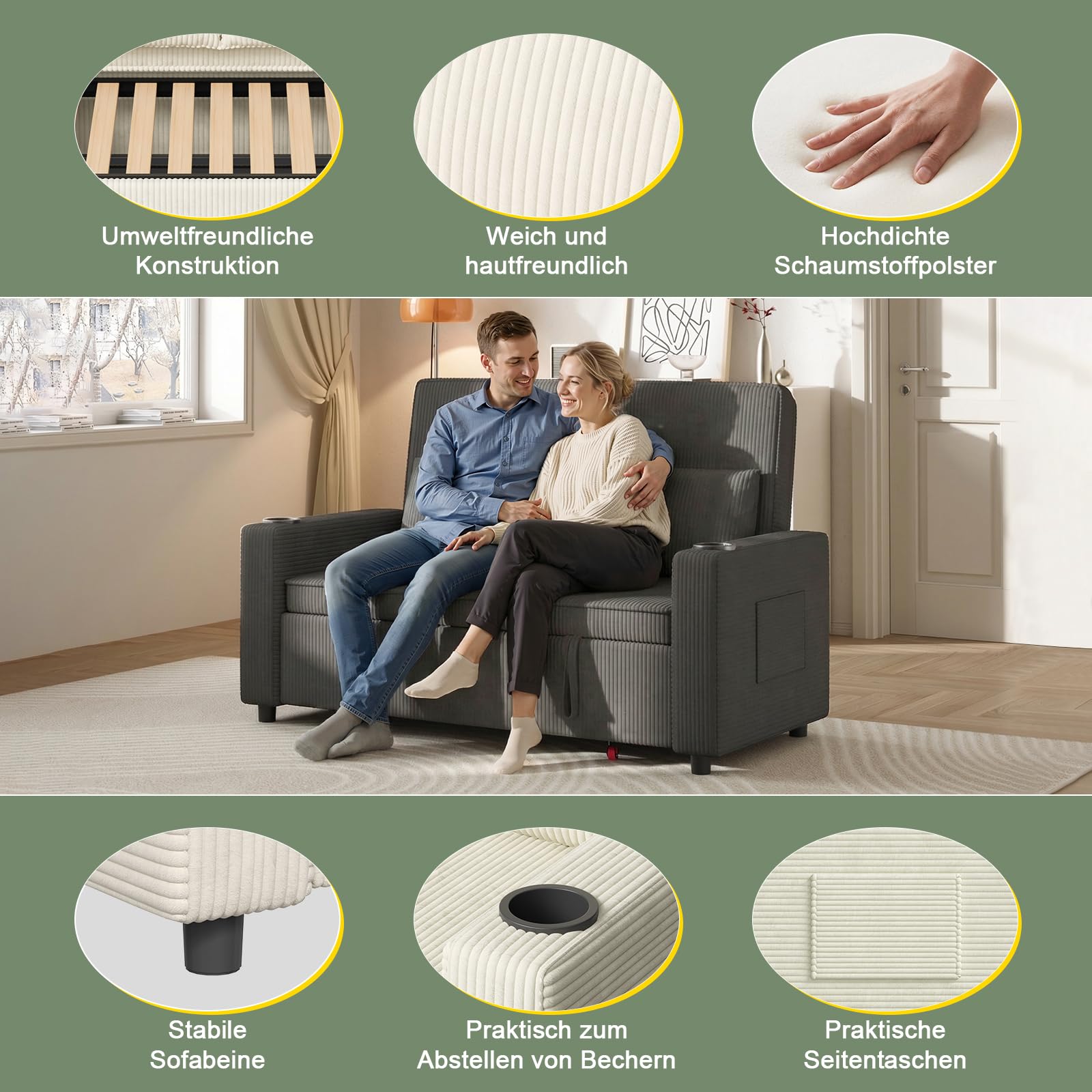 JUMMICO Schlafsofa 2 Sitzer klein Sofa mit Schlaffunktion Schlafcouch Ausziehbar mit Kissen Couch Cord-Bezug mit Getränkehalter Klappsofa Für Wohnzimmer Schlafzimmer,69 x 141 x 88 cm,Beige