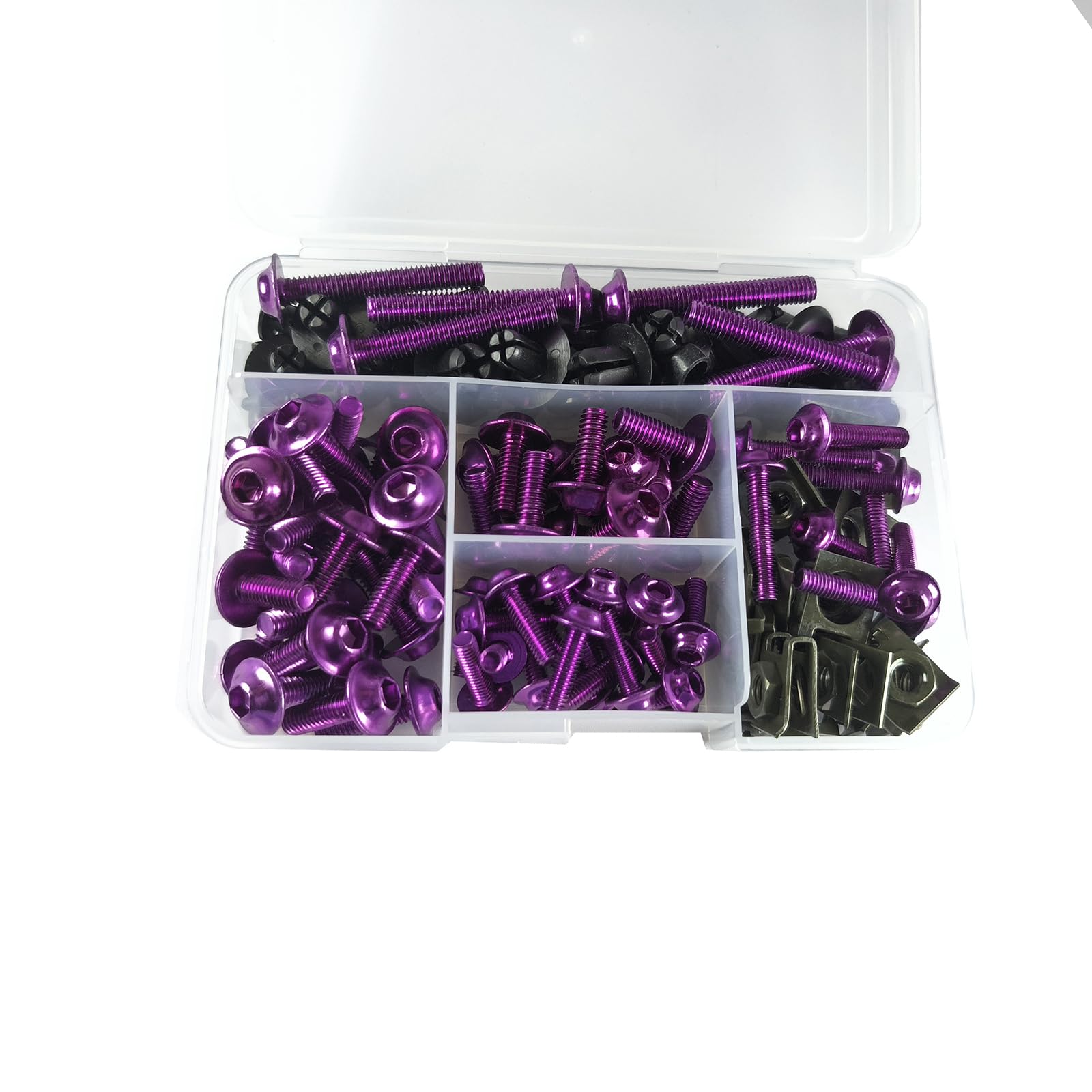 Photo 1 of JCSUMRID 210 PCS Motorcycle Fairing Bolt Kit Screws Aluminum Fasteners Washers Nuts Screws Clips for Yamaha Kawasaki BMW Suzuki Honda Dirt Bike Sportbike Chopper Cafe Racer ATV Scooter(Purple)