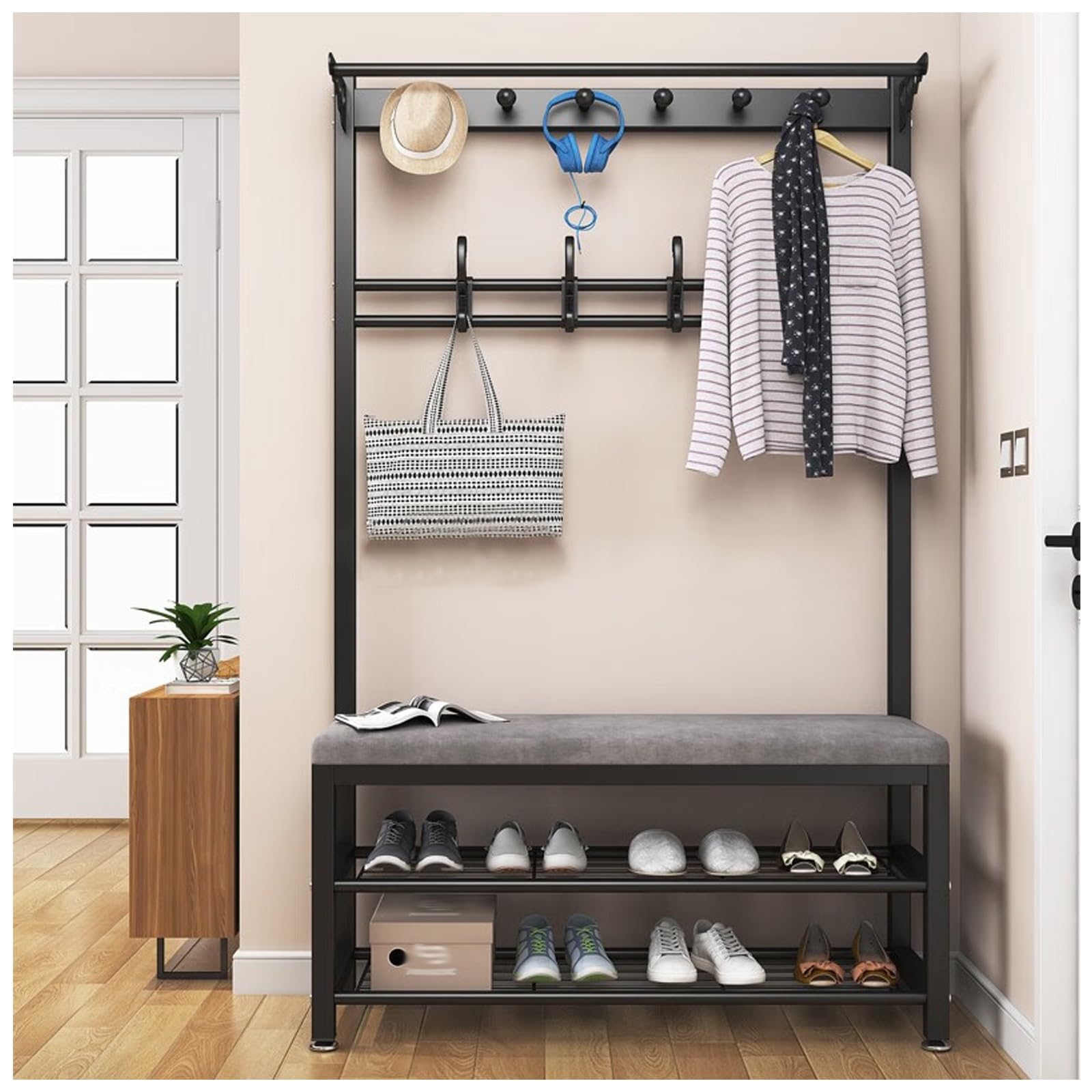 FGXHHS Coat Rack Shoe Bench, 3-in-1 Hall Tree for Entryway, Storage Shelf and Hooks, Accent Furniture with Frame, Multifunctional Hallway Organizer(L100*W33CM/L39.3*W12.9IN)