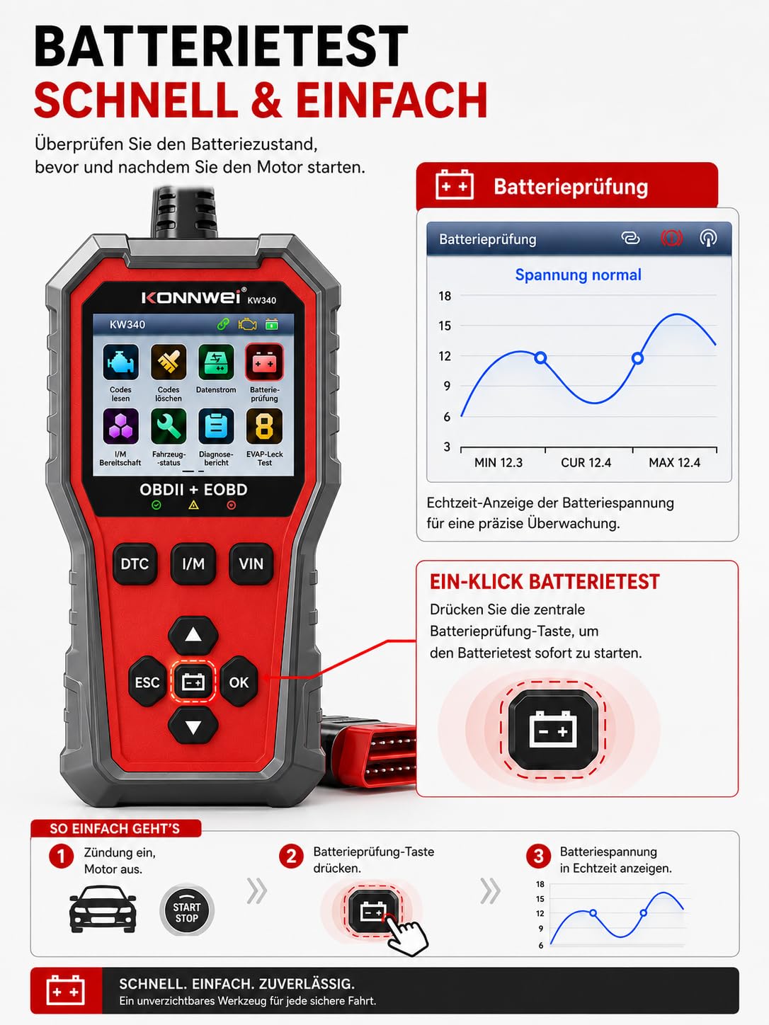 OBD2 Diagnosegerät Auto, KFZ Fehlerauslesegerät mit Batterietester Funktion