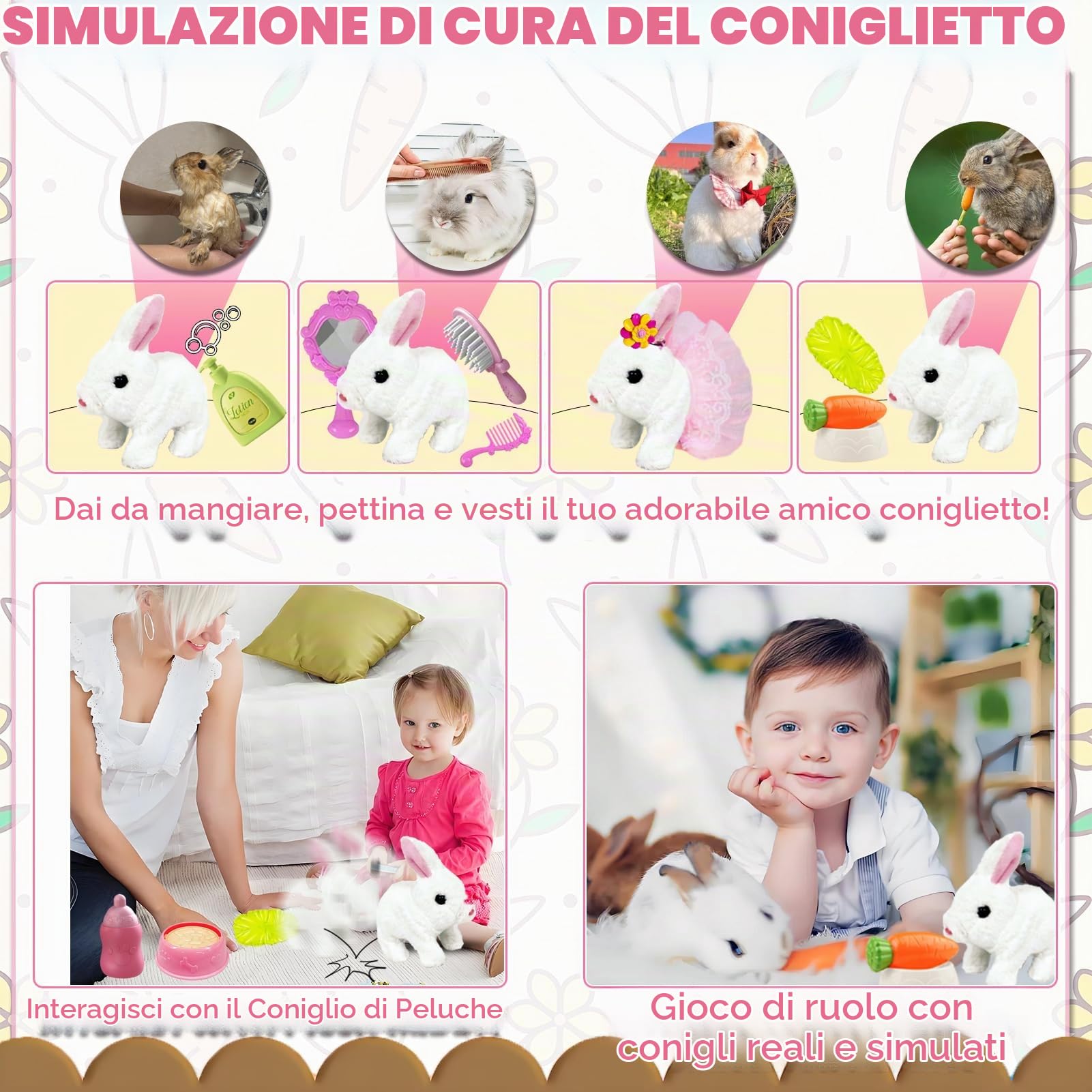 STAY GENT 21 Pezzi Coniglio Giocattolo Interattivo per Bambini, Coniglio Peluche che si Muove Orecchie e Saltella con Gabbia, Pet Peluche Animali Gioco Pasqua Regali per 2 3 4 5 6 anni Ragazza Ragazzo