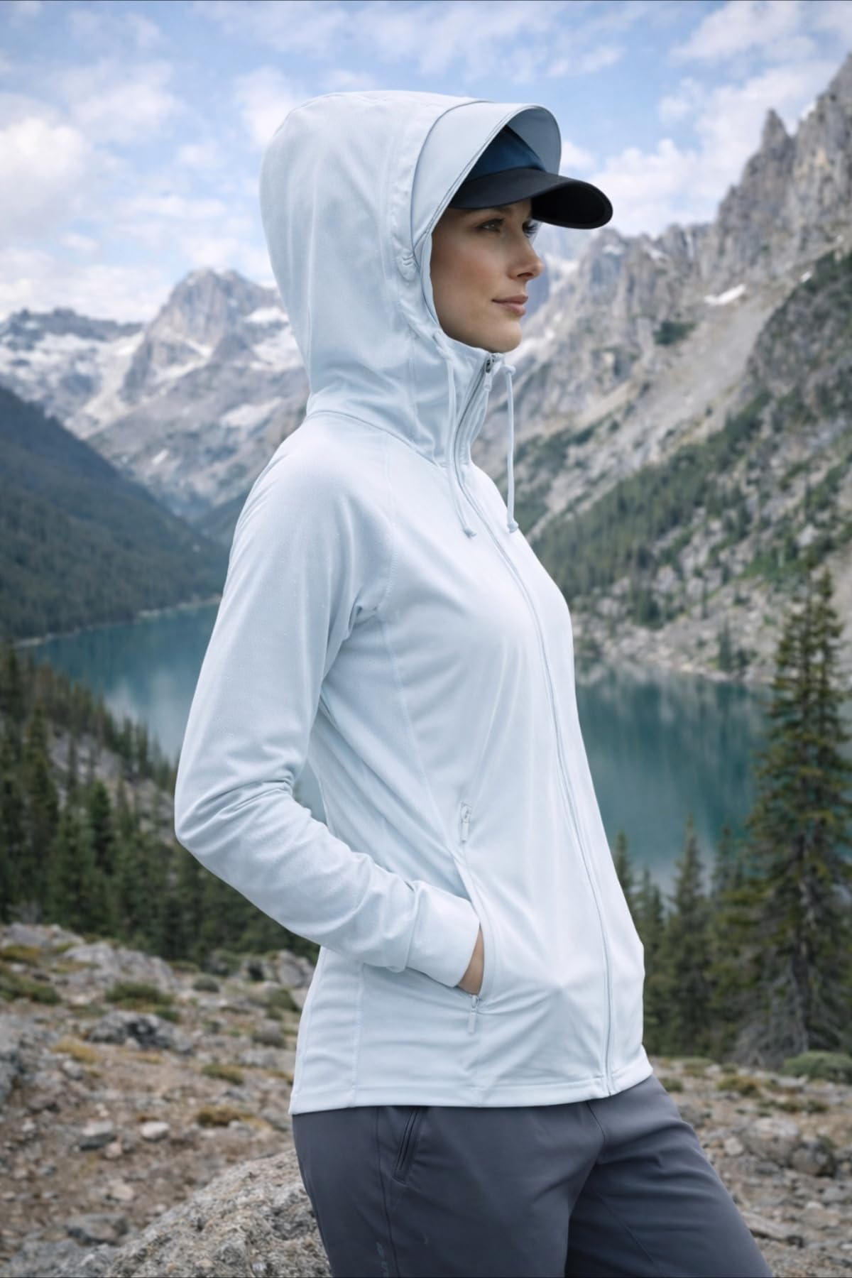 Chaqueta de protección solar con capucha para mujer, de ala ancha, máscara facial refrescante, para pesca atlética, chaqueta de rendimiento al aire libre — view 6