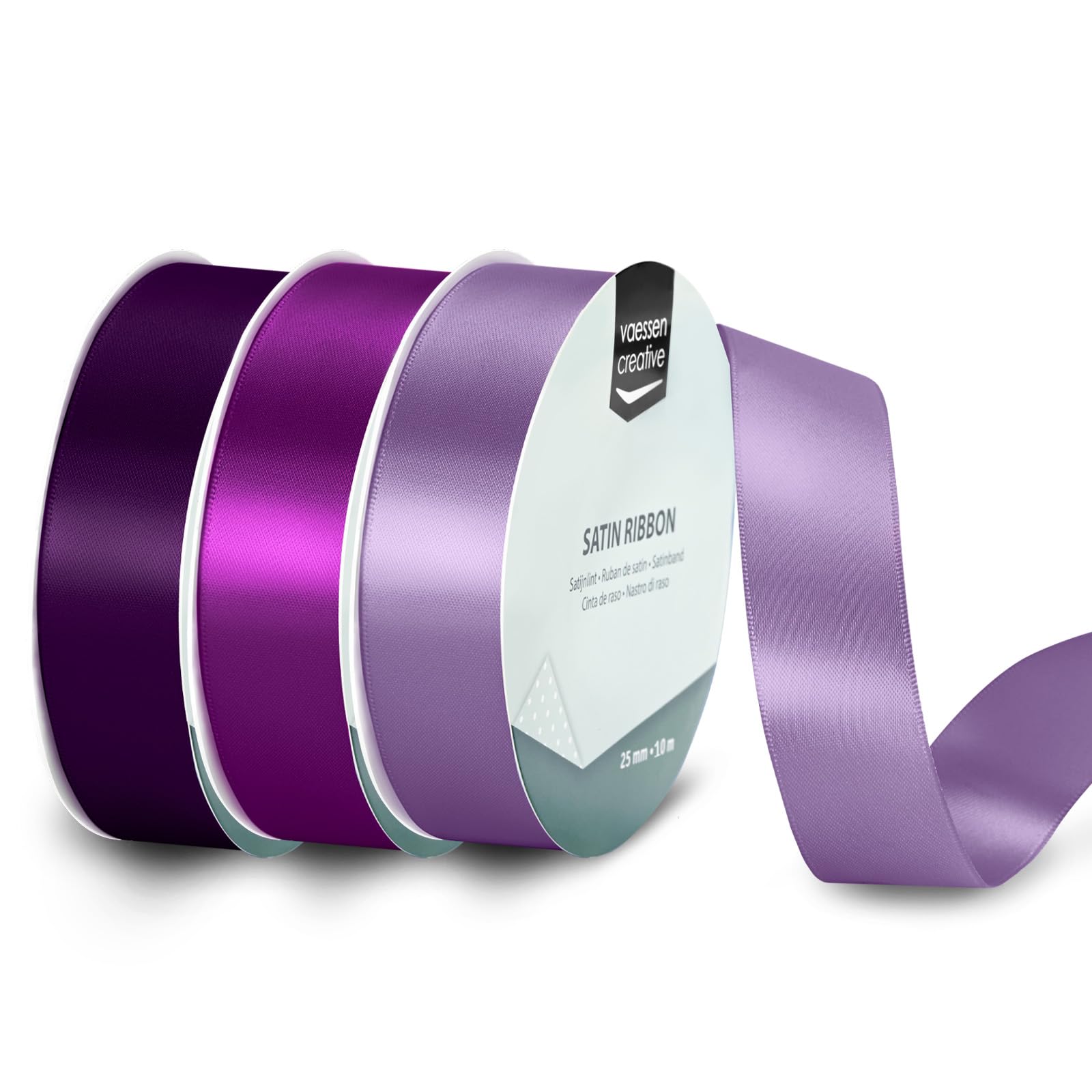 Vaessen Creative Satin Ribbon Set - 3 Colours of 32.8 ft x 1" - Purple - Thin Ribbon for Gift Wrapping and Crafting