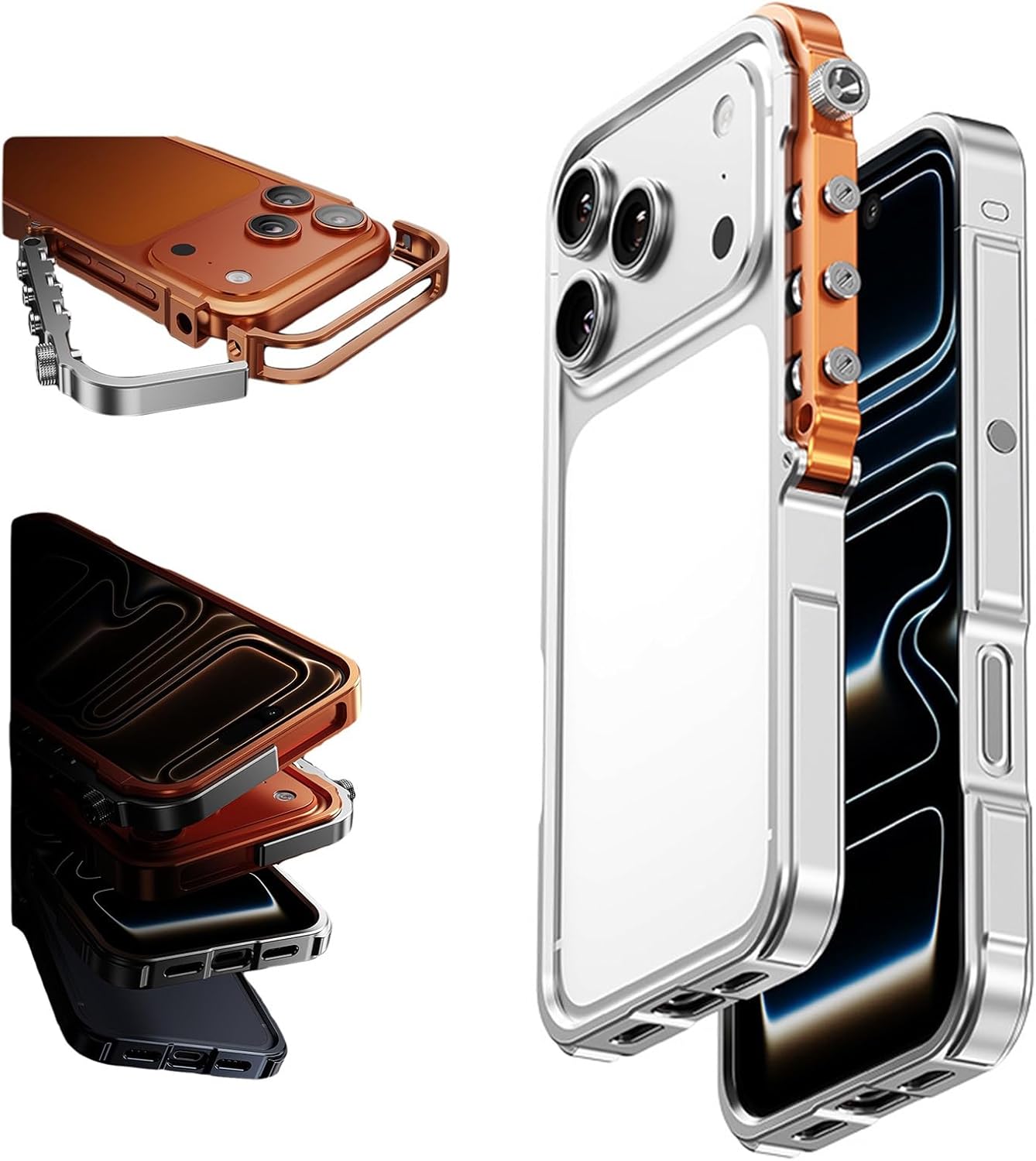Metal Bumper Case for iPhone 17/17 Pro / 17 Pro Max, Aluminum Alloy Frame with Mechanical Arm Design, Anti-Fall Shock-Absorbing Corners, Slim Heat-Dissipation, Detachable(Silver,17)