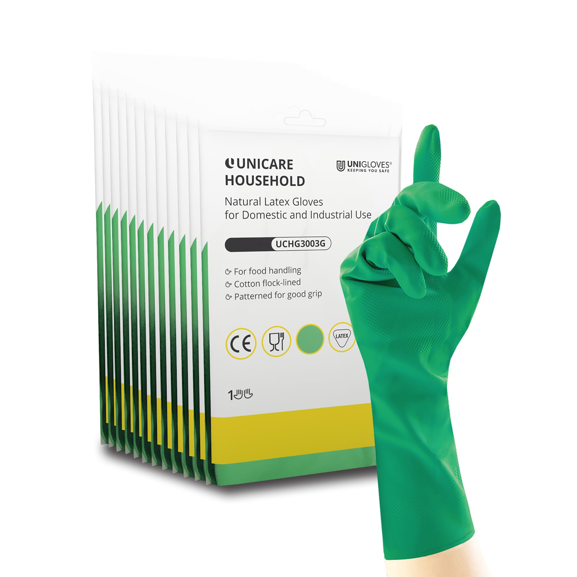 UNIGLOVES Unicare Household Green - Latex Reusable Household Gloves for Cleaning, Washing up and Food Processing - 12 Pairs - Size L
