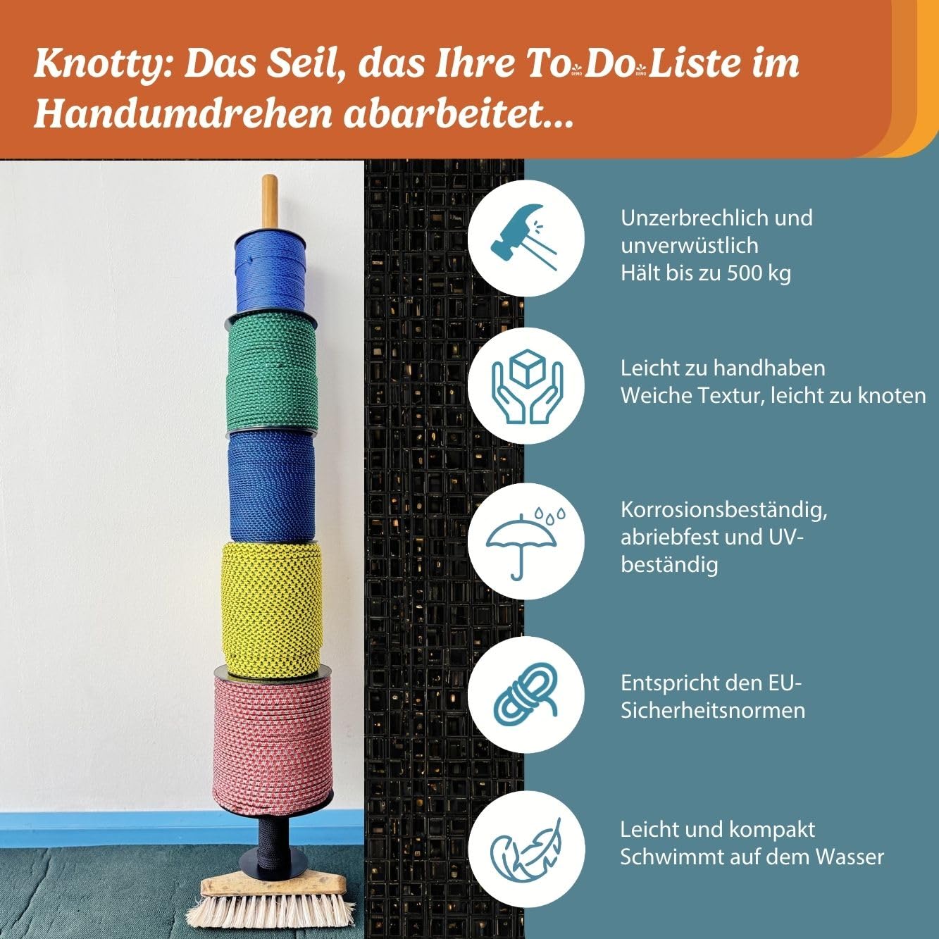 Knotty Rope 100m x 6mm Paracord & Festmacher Seil aus reißfestem Polypropylen, hält bis zu 2300 kg Für Wäscheleine, Bushcraft, Holzscheite, Camping und Outdoor Survival Gear Schnur Made in France
