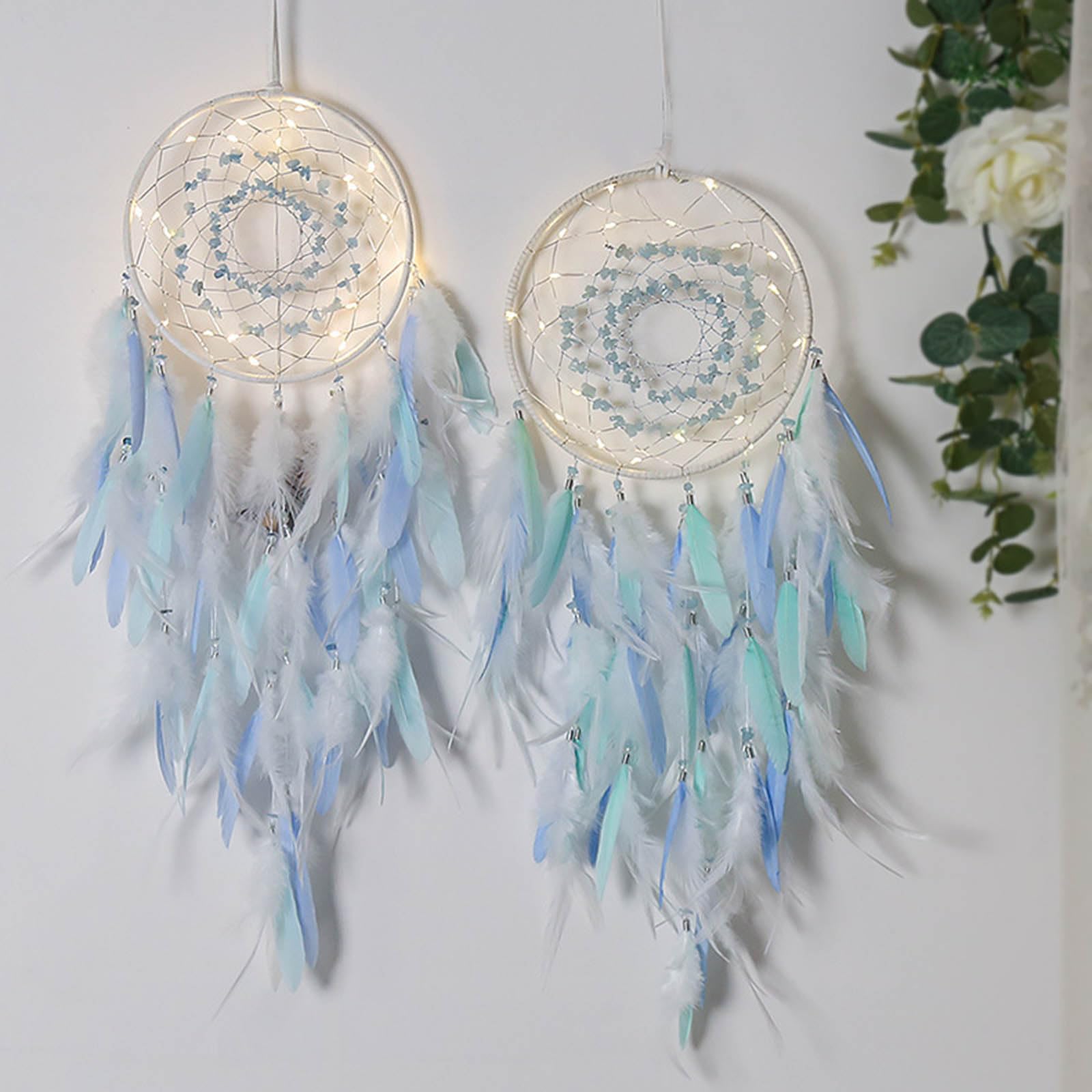 Traumfänger, Feder-Traumfänger for Schlafzimmer, Kinderzimmer, Wanddekoration, Auto-Hängeanhänger, Ornament mit LED-Licht, Traumfänger, hängende Traumfänger