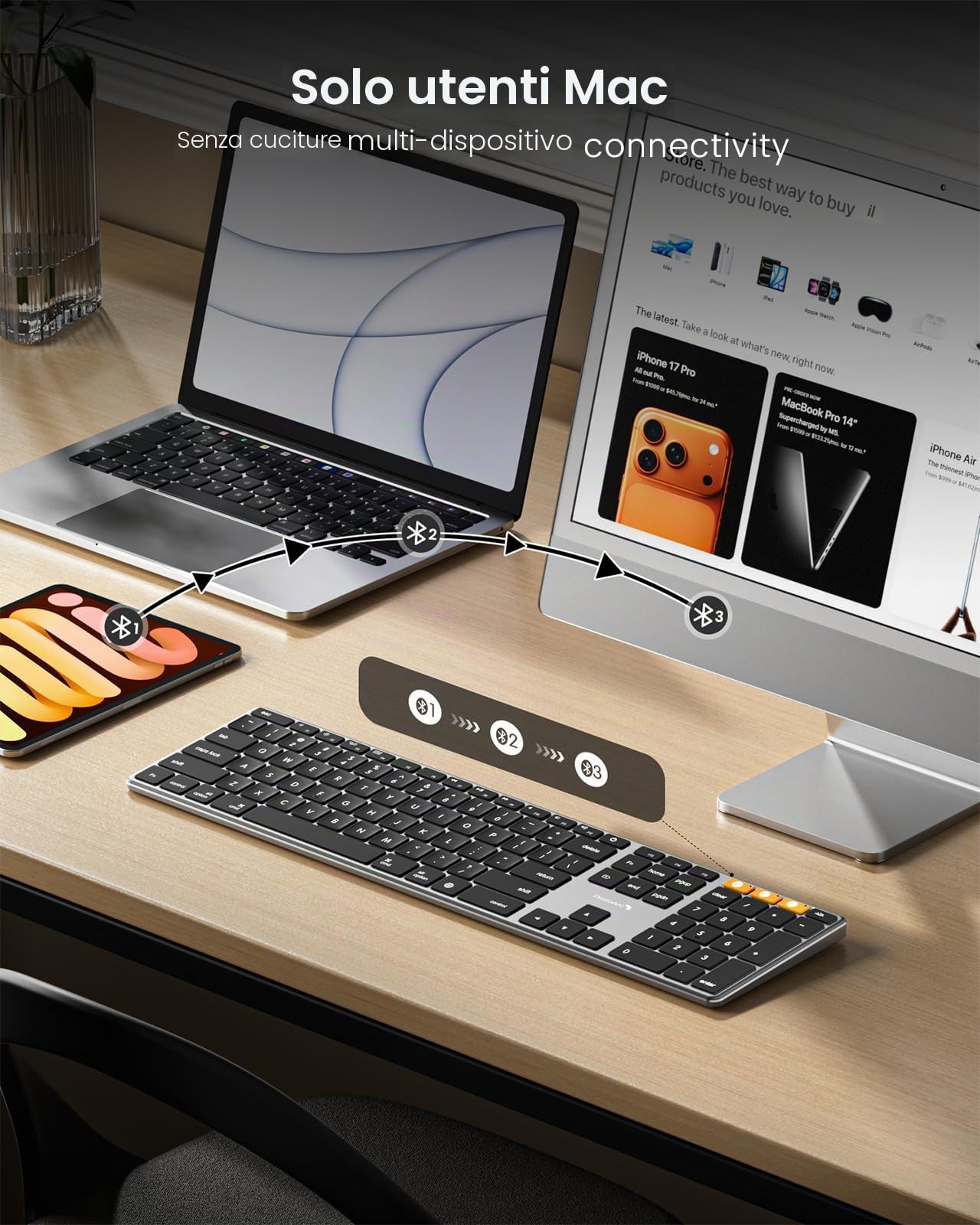 ProtoArc Tastiera wireless retroilluminata per Mac, K110-A Tastiera Bluetooth Full Size in alluminio, multi-dispositivo, basso profilo, digitazione fluida silenziosa, ricaricabile, per MacBook Pro/Air