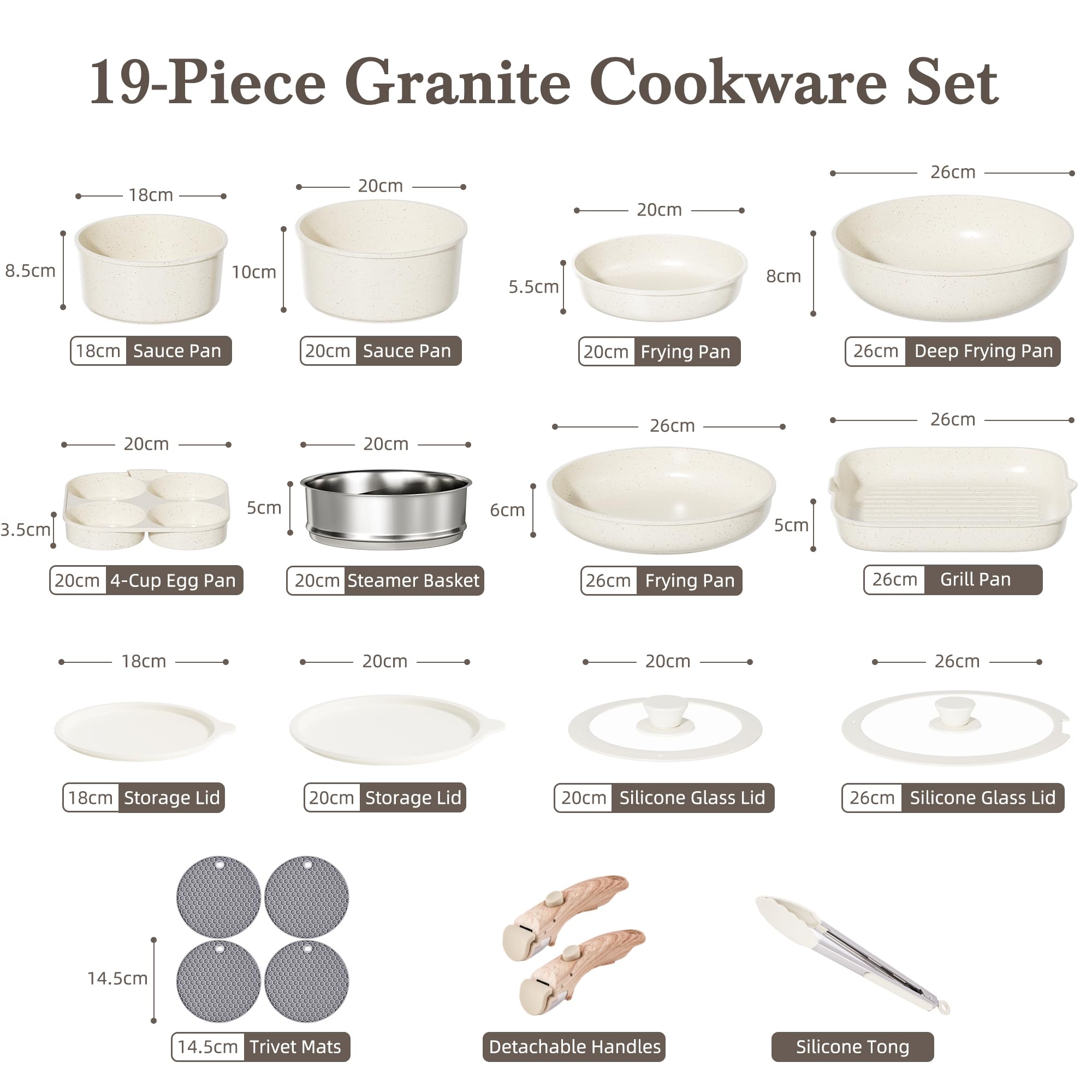 RIOVARM Induzione Set di pentole e padelle con manici staccabili, Antiaderente Padelle grill, Impilabile Casseruole con coperchi, Padella per omelette Senza PFOA, per tutti i tipi di fornelli