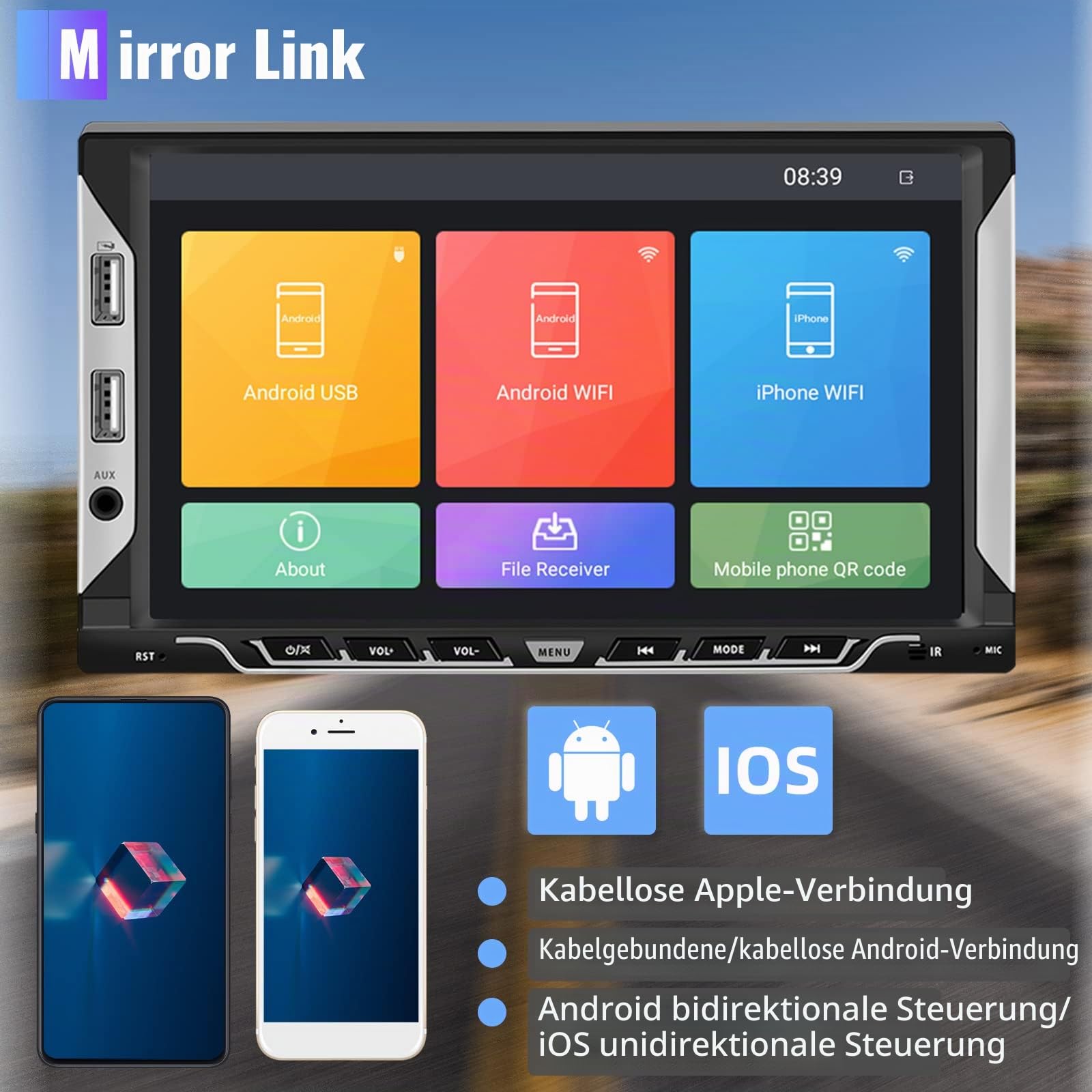 Hodozzy Autoradio 2 Din Android Navi 7 Zoll Touchscreen Autoradio Mirror Link für iOS/Android GPS RDS Radio Bluetooth Doppel Din WiFi FM Car Radio 6 USB Port Rückfahrkamera+ISO Kabel+Lenkradsteuerung